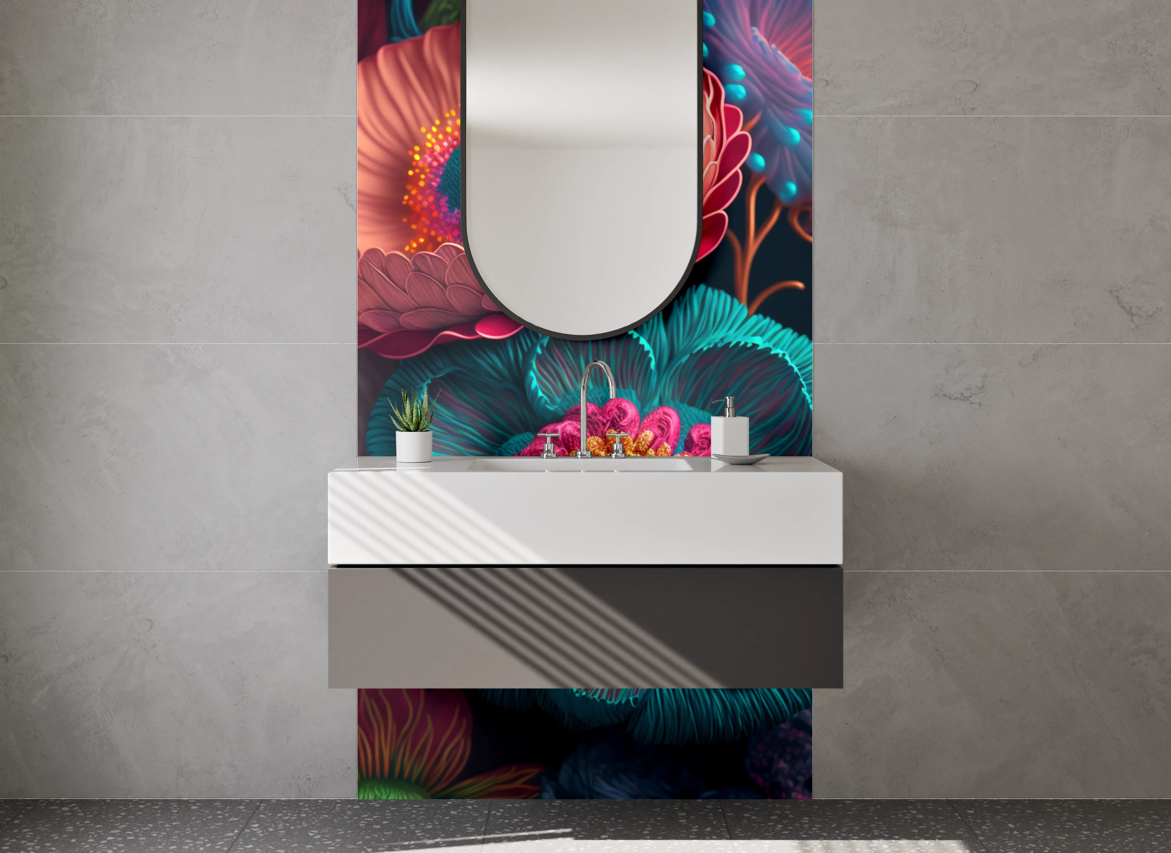 Waschbecken-Rückwand - Bunte 3D-Blumen Illustration Tropisch