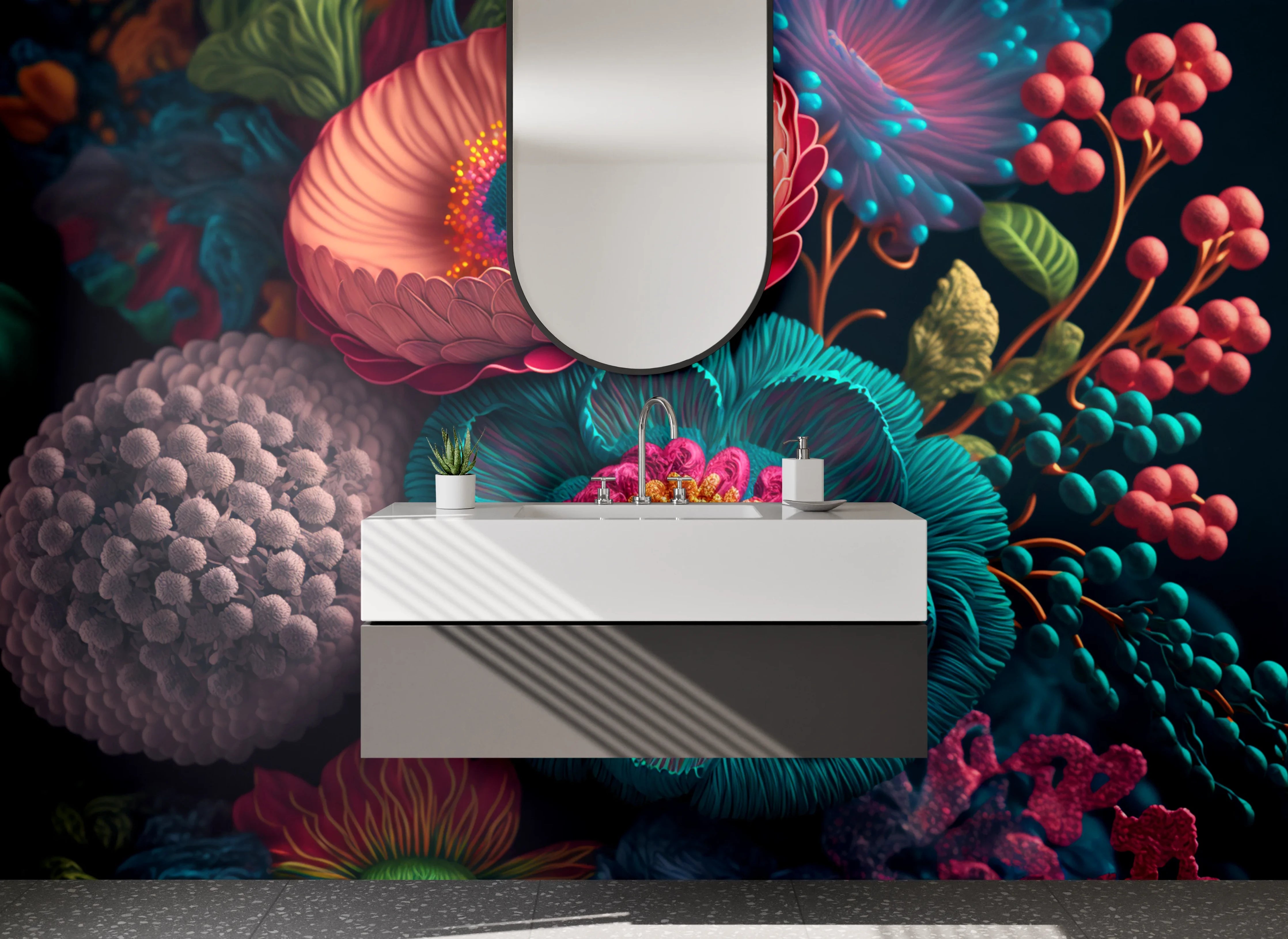 Waschbecken-Rückwand - Bunte 3D-Blumen Illustration Tropisch