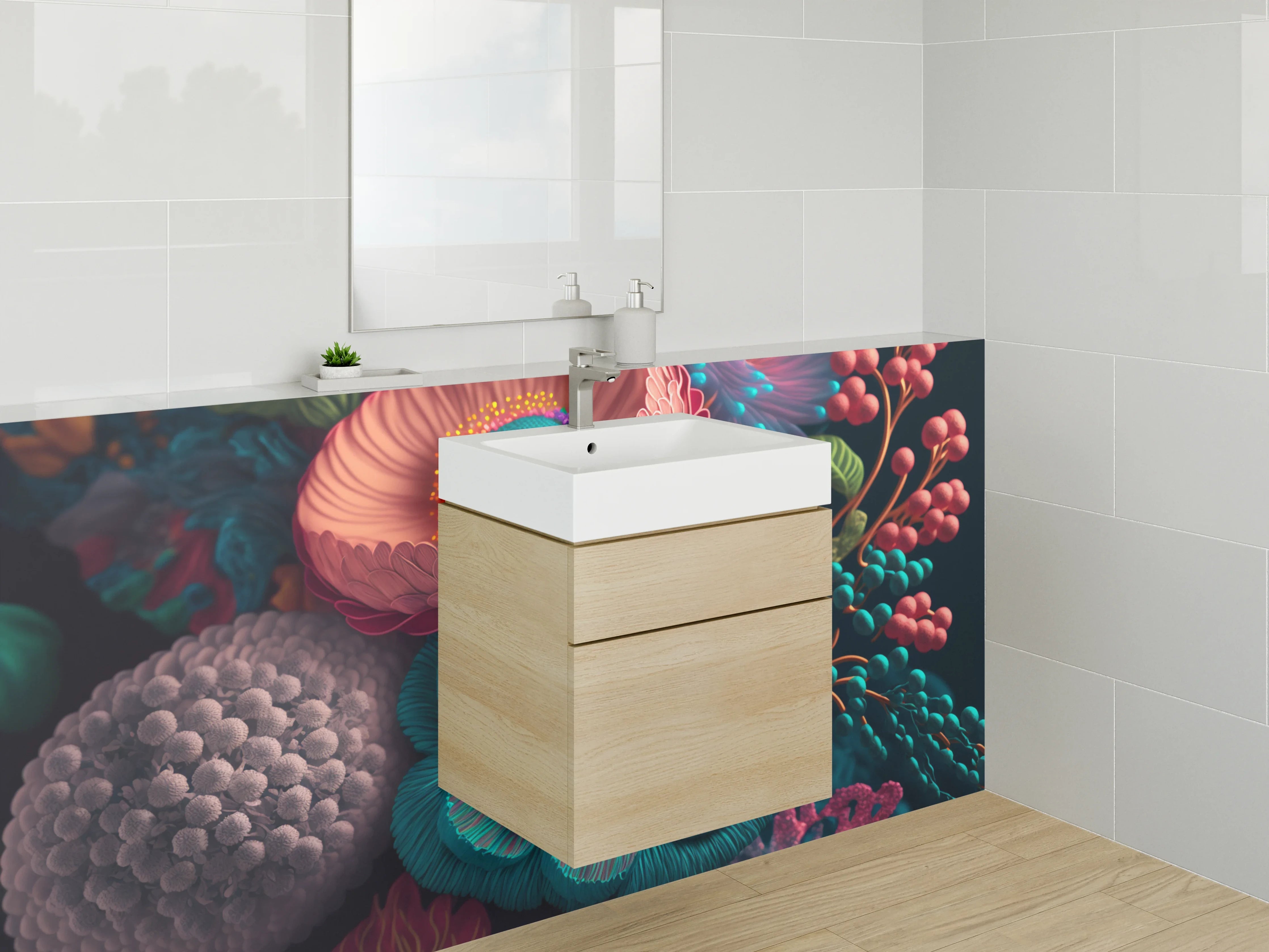 Waschbecken-Rückwand - Bunte 3D-Blumen Illustration Tropisch