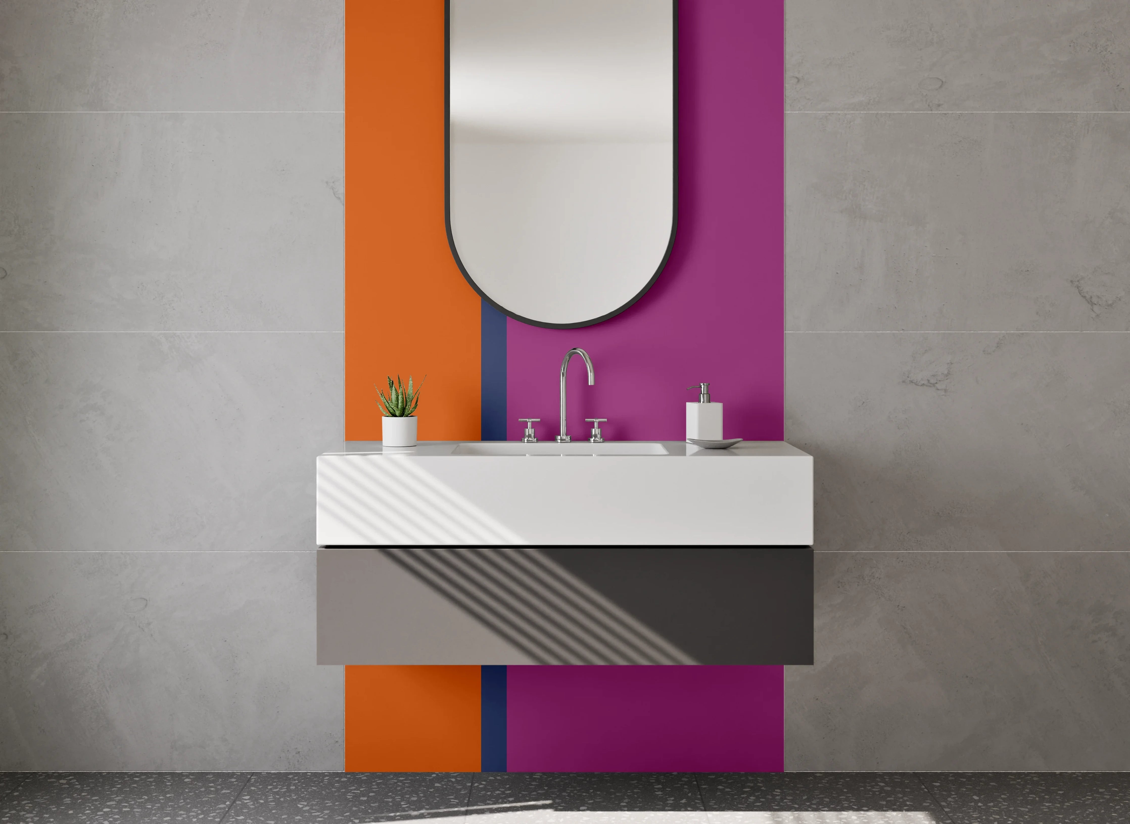 Waschbecken-Rückwand - Bunte Farbblöcke mit Orange und Lila