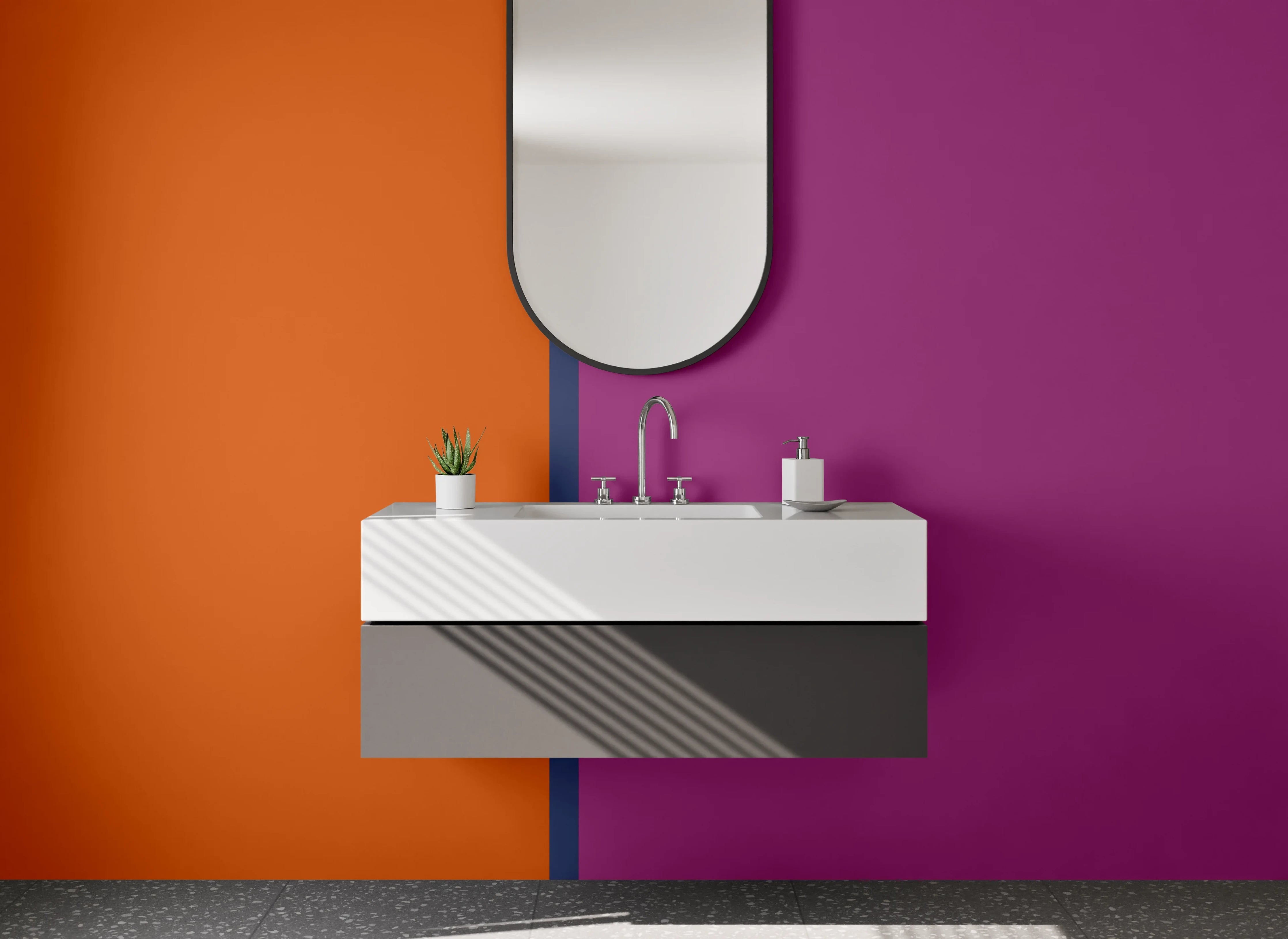 Waschbecken-Rückwand - Bunte Farbblöcke mit Orange und Lila