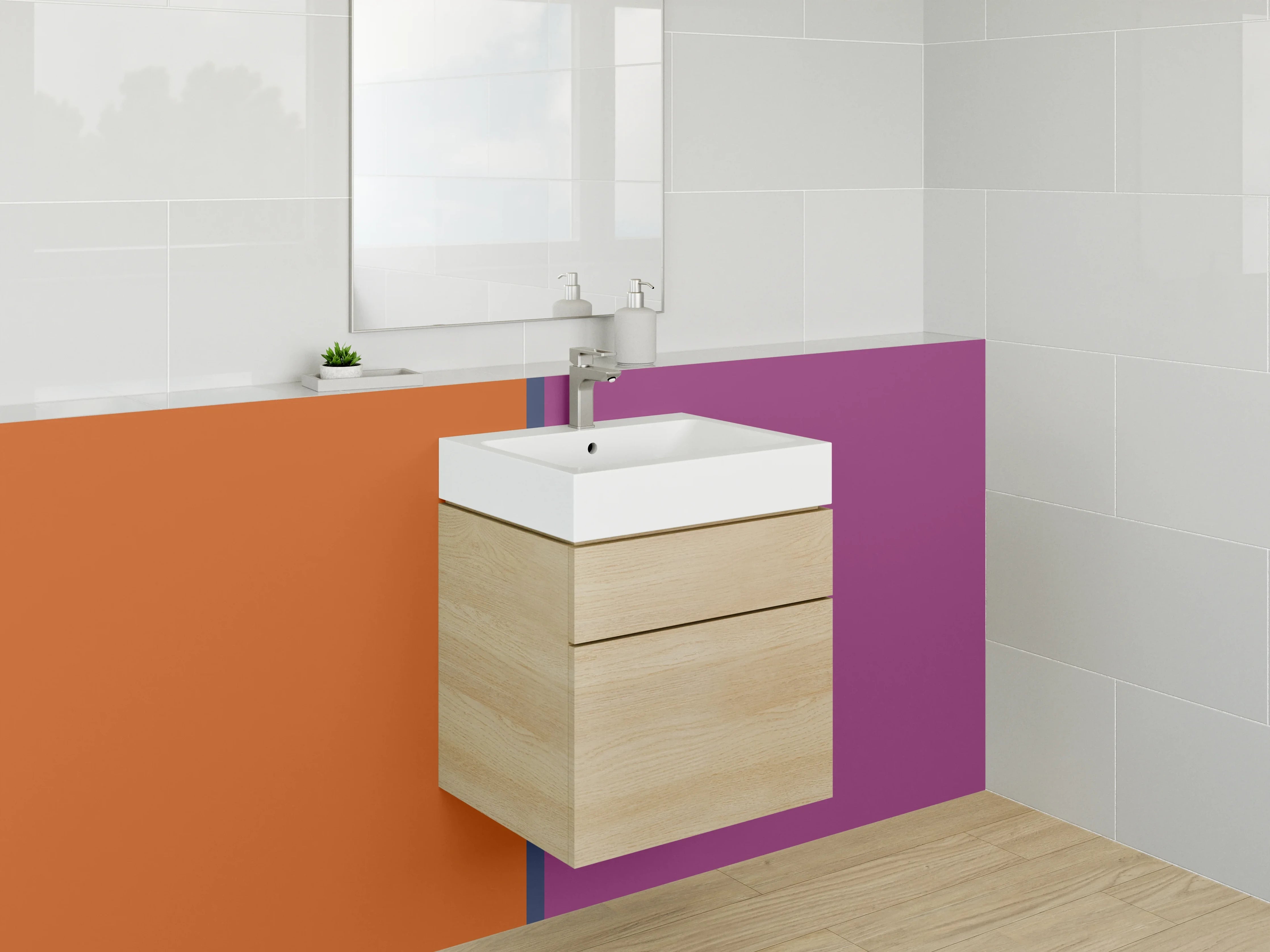 Waschbecken-Rückwand - Bunte Farbblöcke mit Orange und Lila
