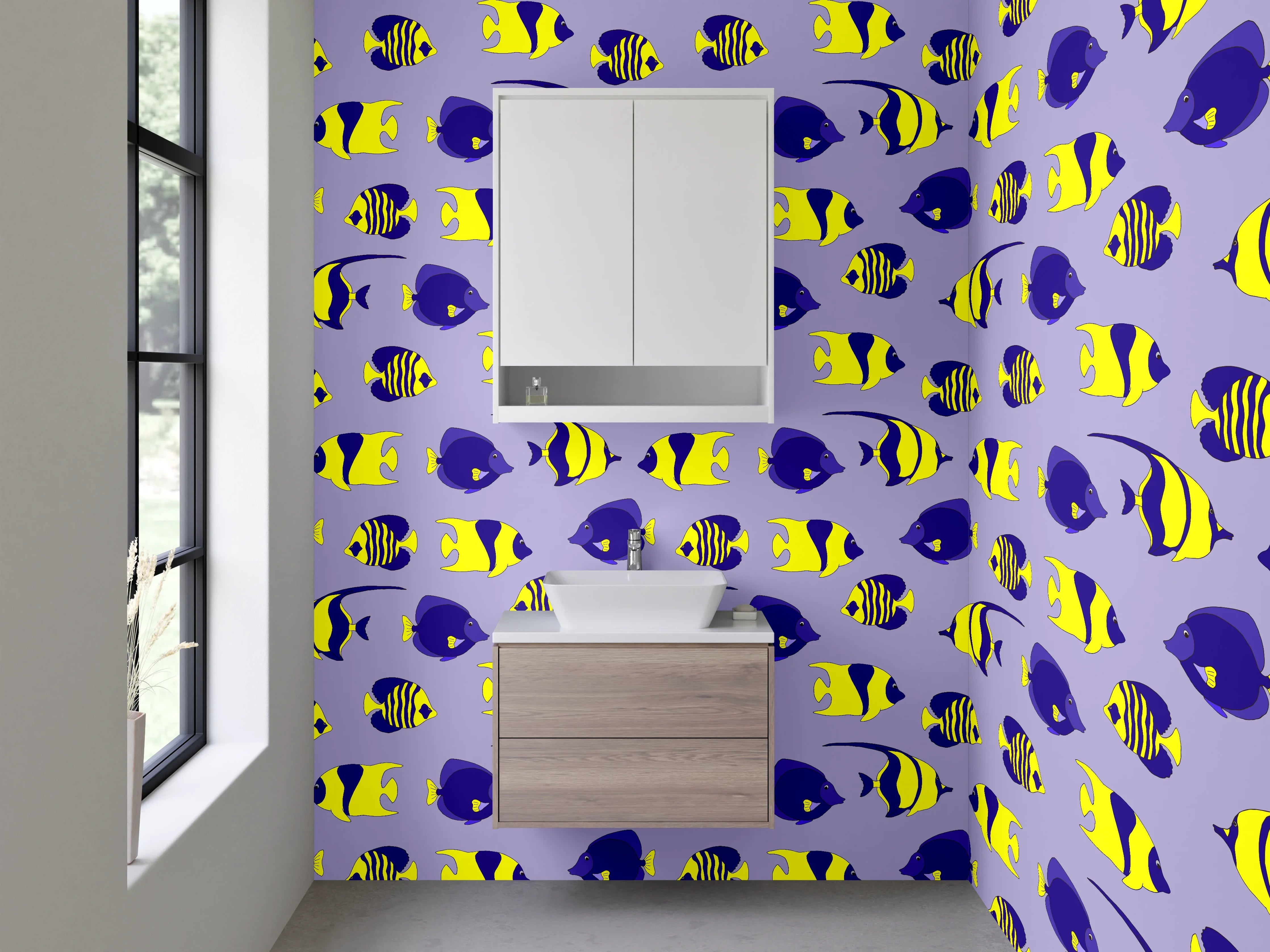 Waschbecken-Rückwand - Bunte Fische auf violettem Hintergrund
