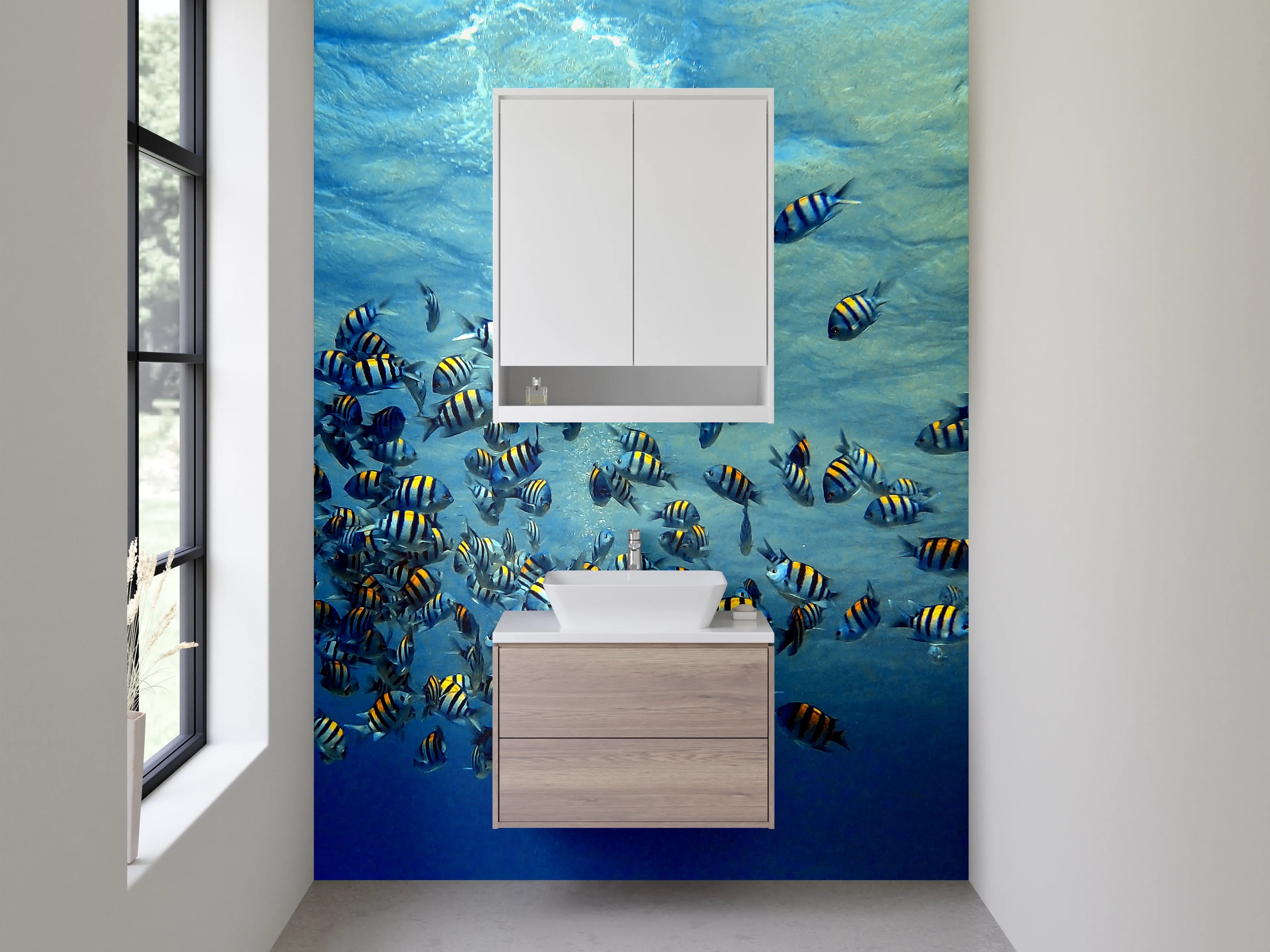 Waschbecken-Rückwand - Bunte Fische im Grauwarndes Meer