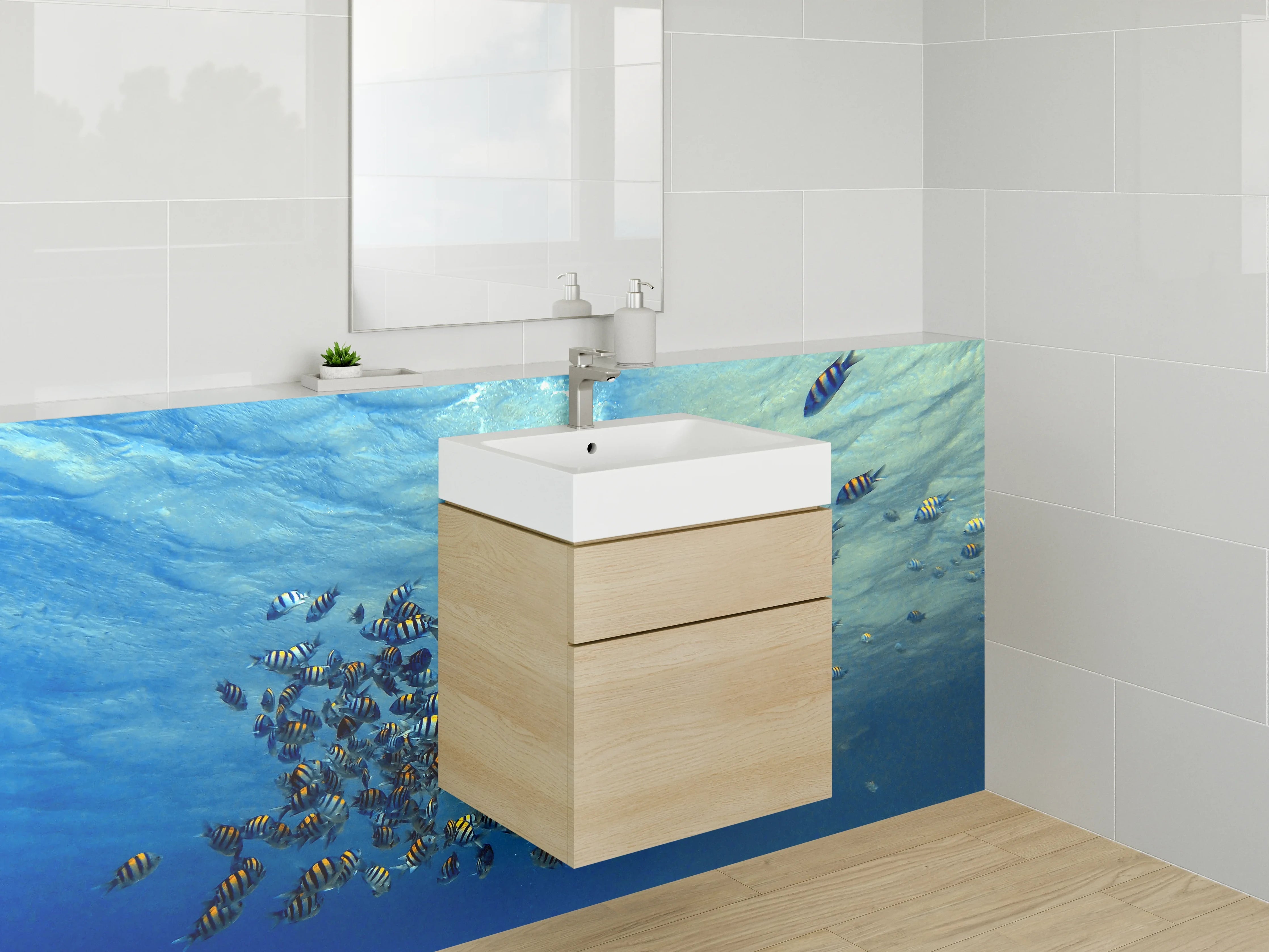 Waschbecken-Rückwand - Bunte Fische im Grauwarndes Meer