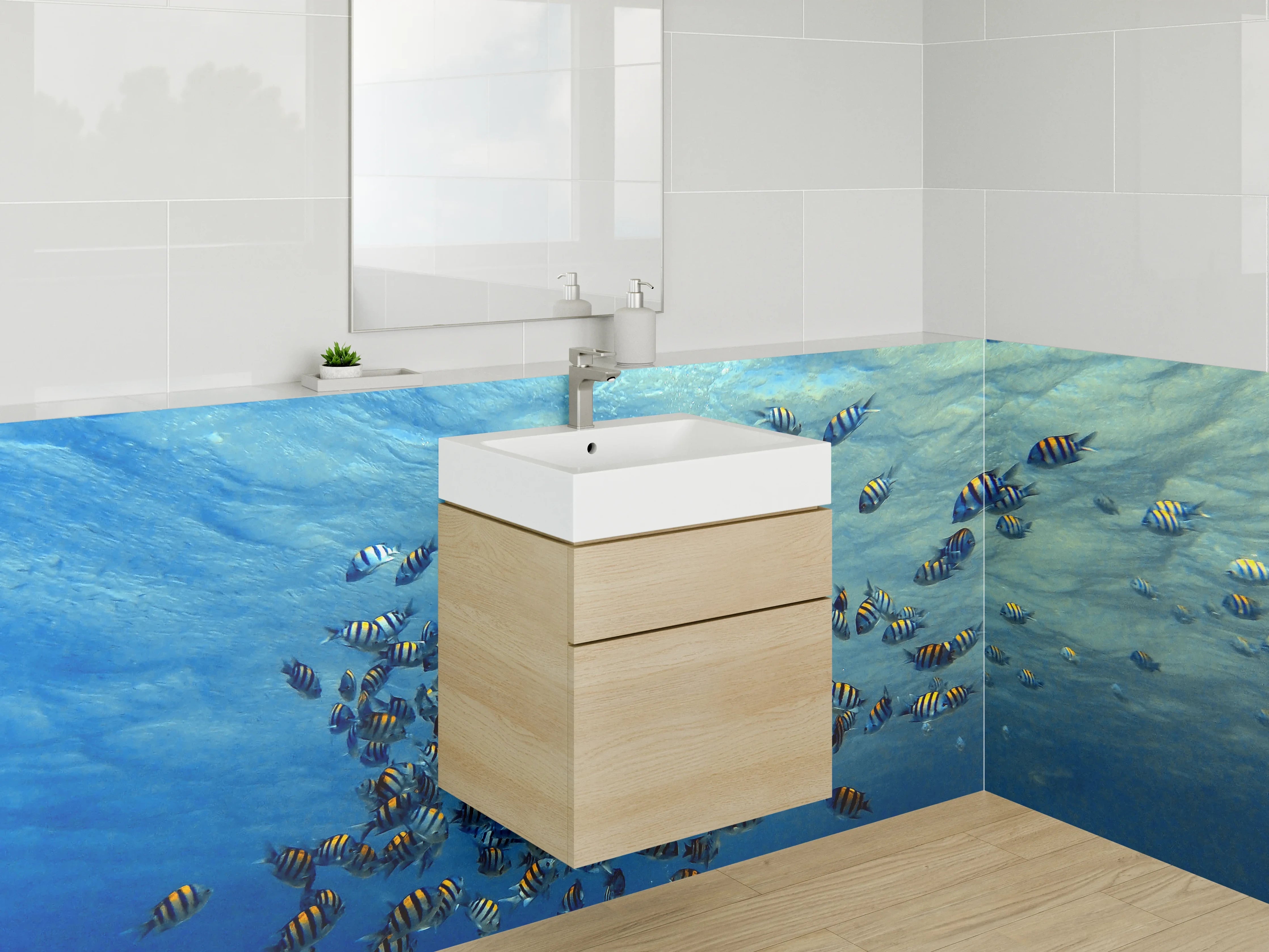 Waschbecken-Rückwand - Bunte Fische im Grauwarndes Meer