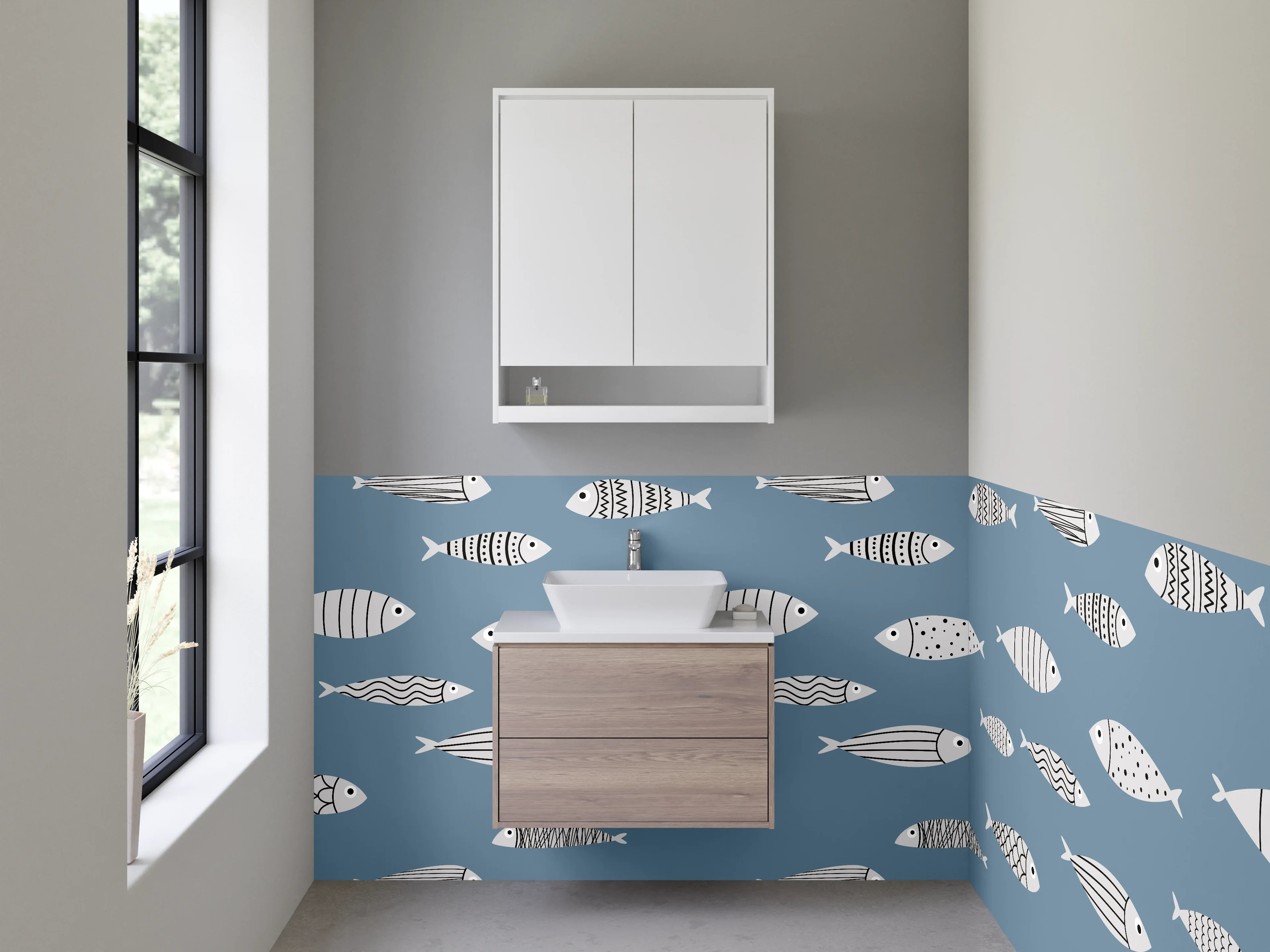 Waschbecken-Rückwand - Bunte Fischmuster auf blautem Hintergrund