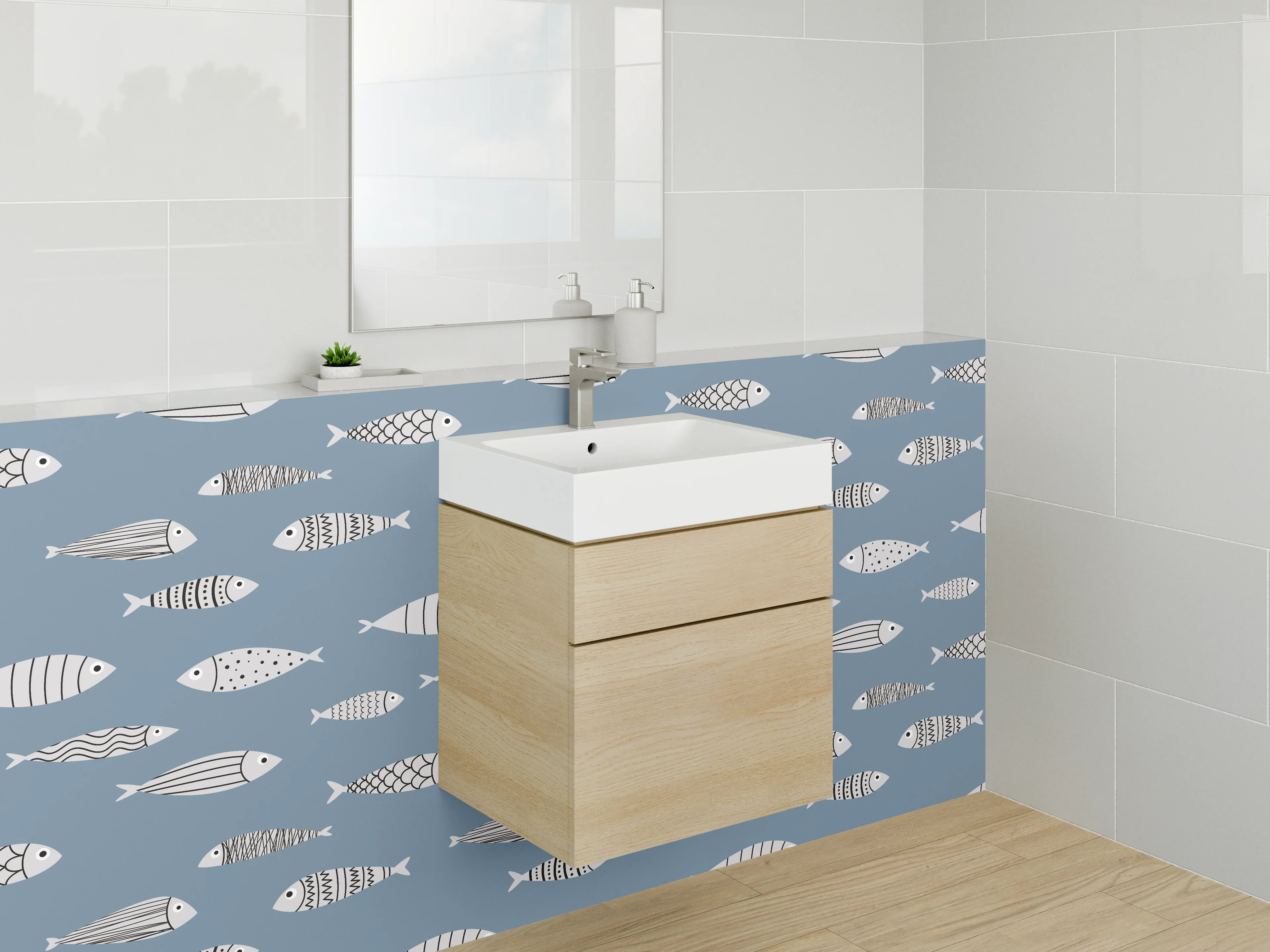Waschbecken-Rückwand - Bunte Fischmuster auf blautem Hintergrund
