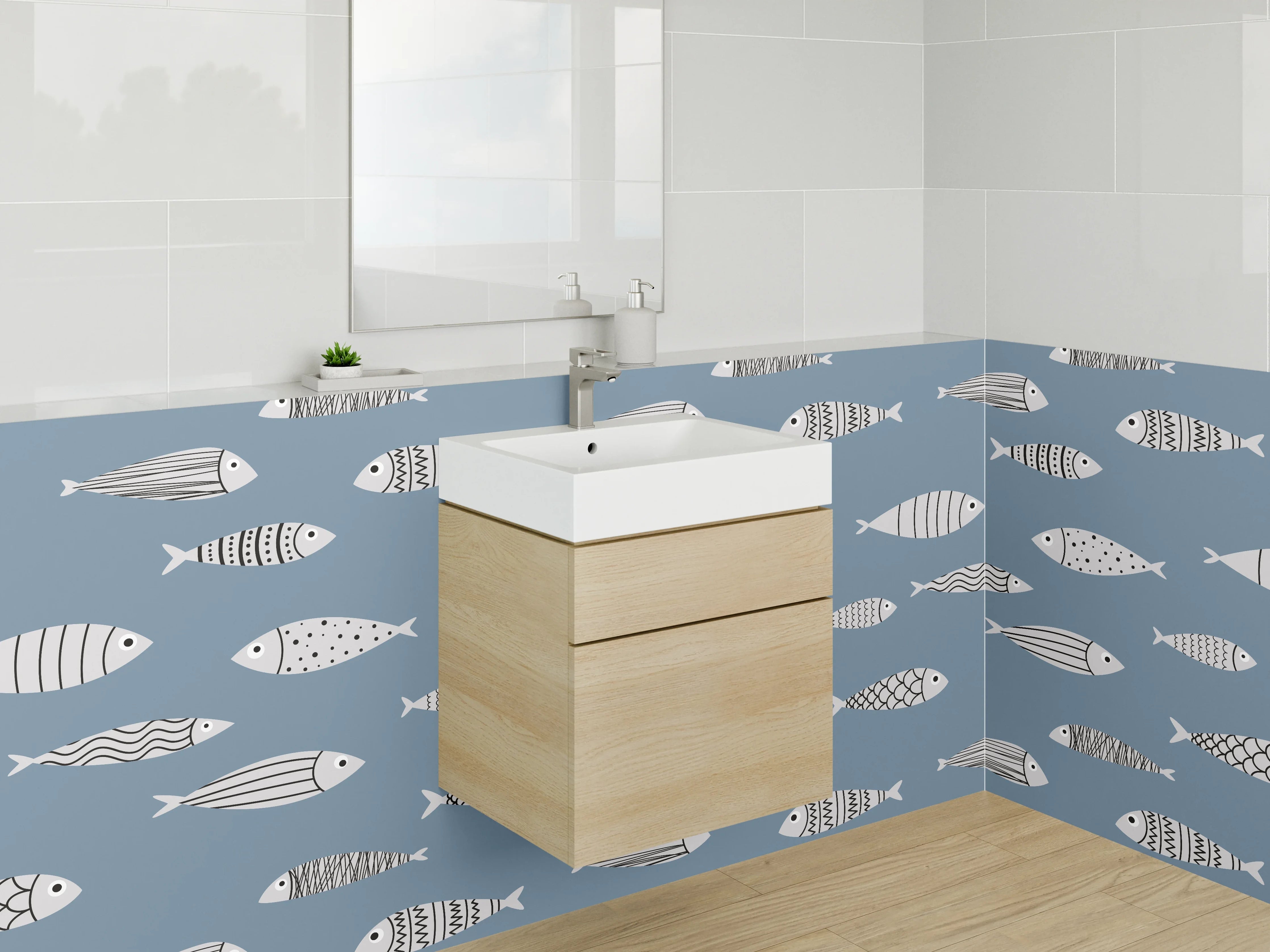 Waschbecken-Rückwand - Bunte Fischmuster auf blautem Hintergrund