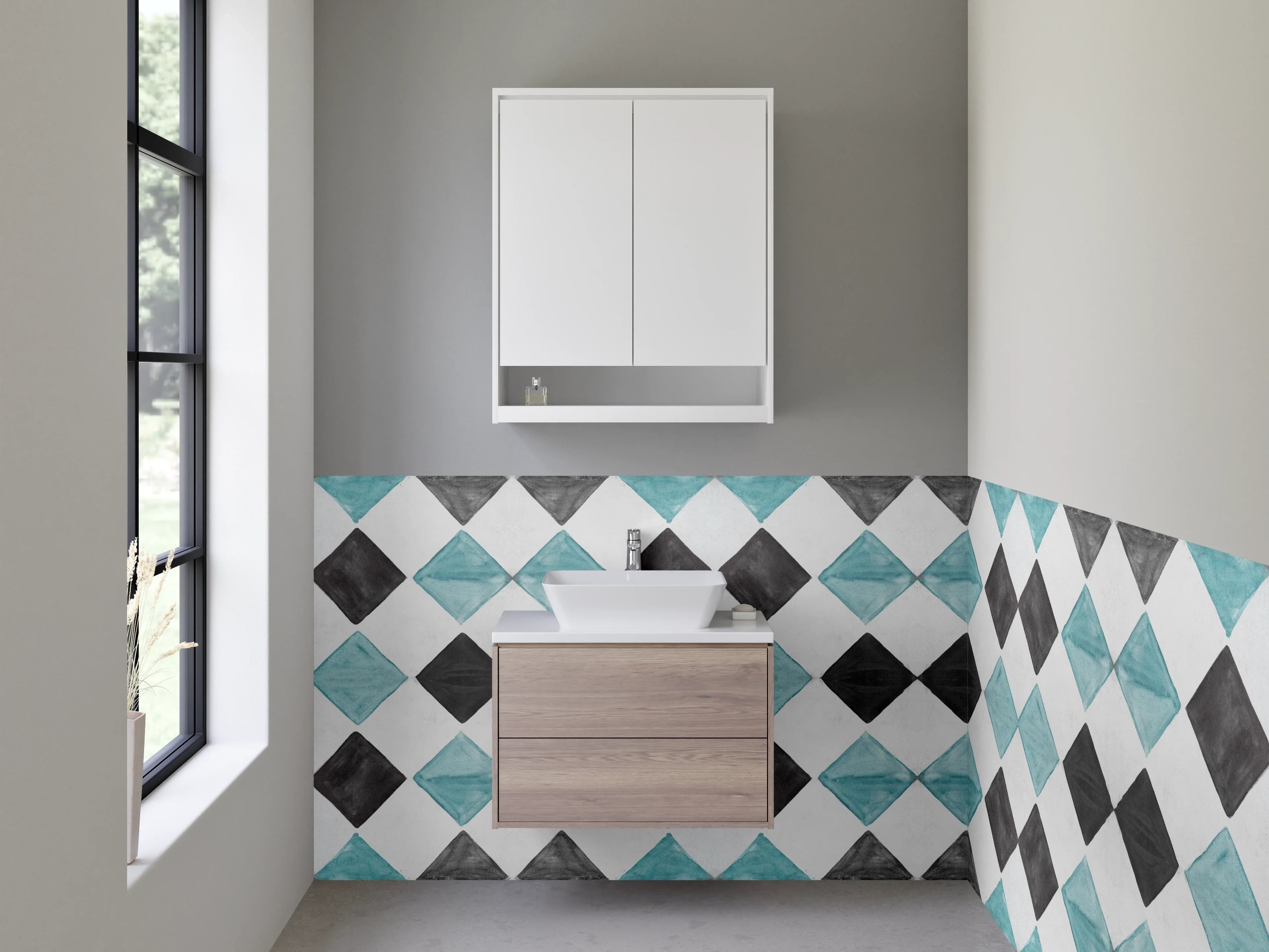 Waschbecken-Rückwand - Bunte Fliesenmuster in Blau, Schwarz und Grau