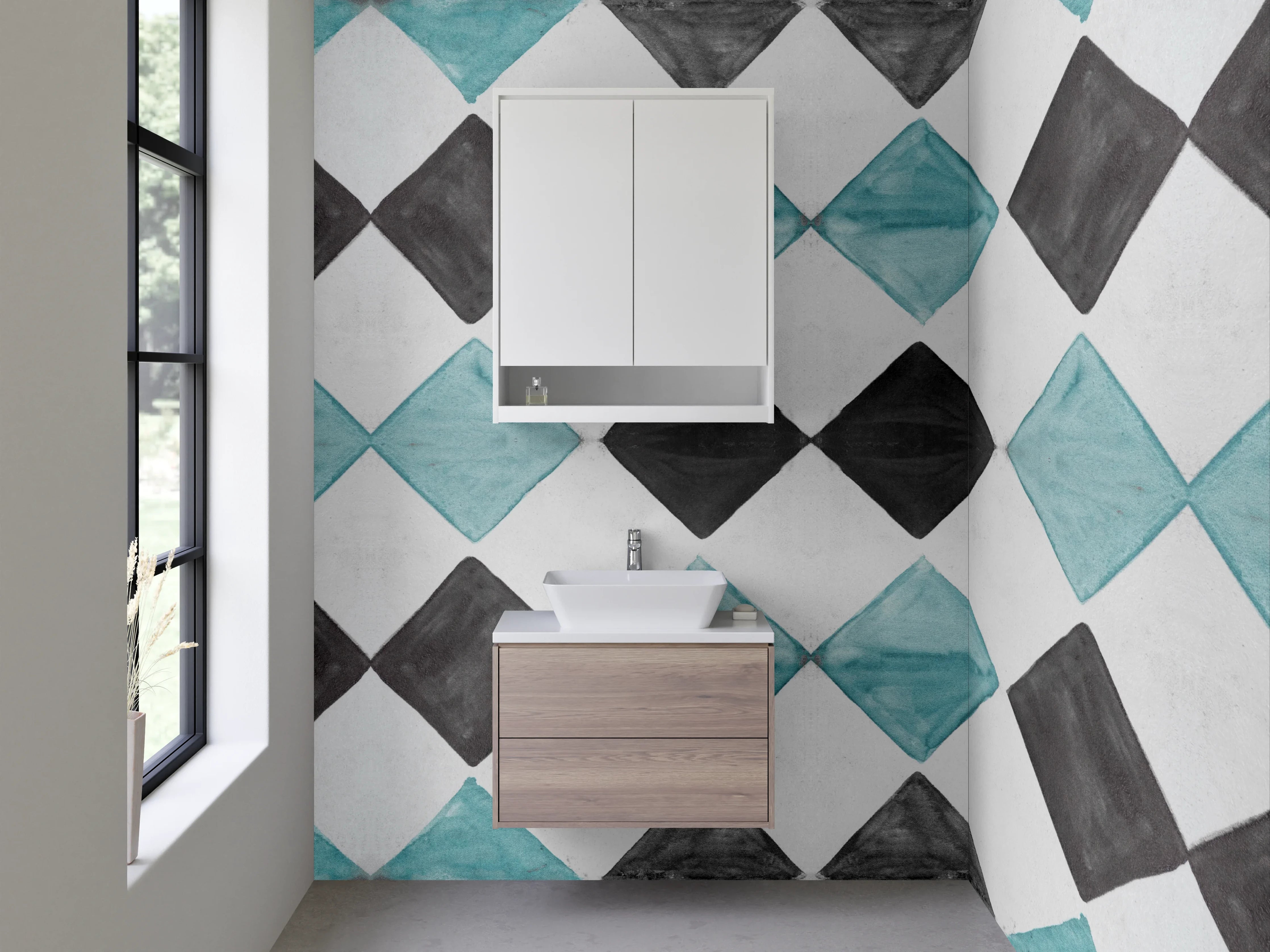 Waschbecken-Rückwand - Bunte Fliesenmuster in Blau, Schwarz und Grau