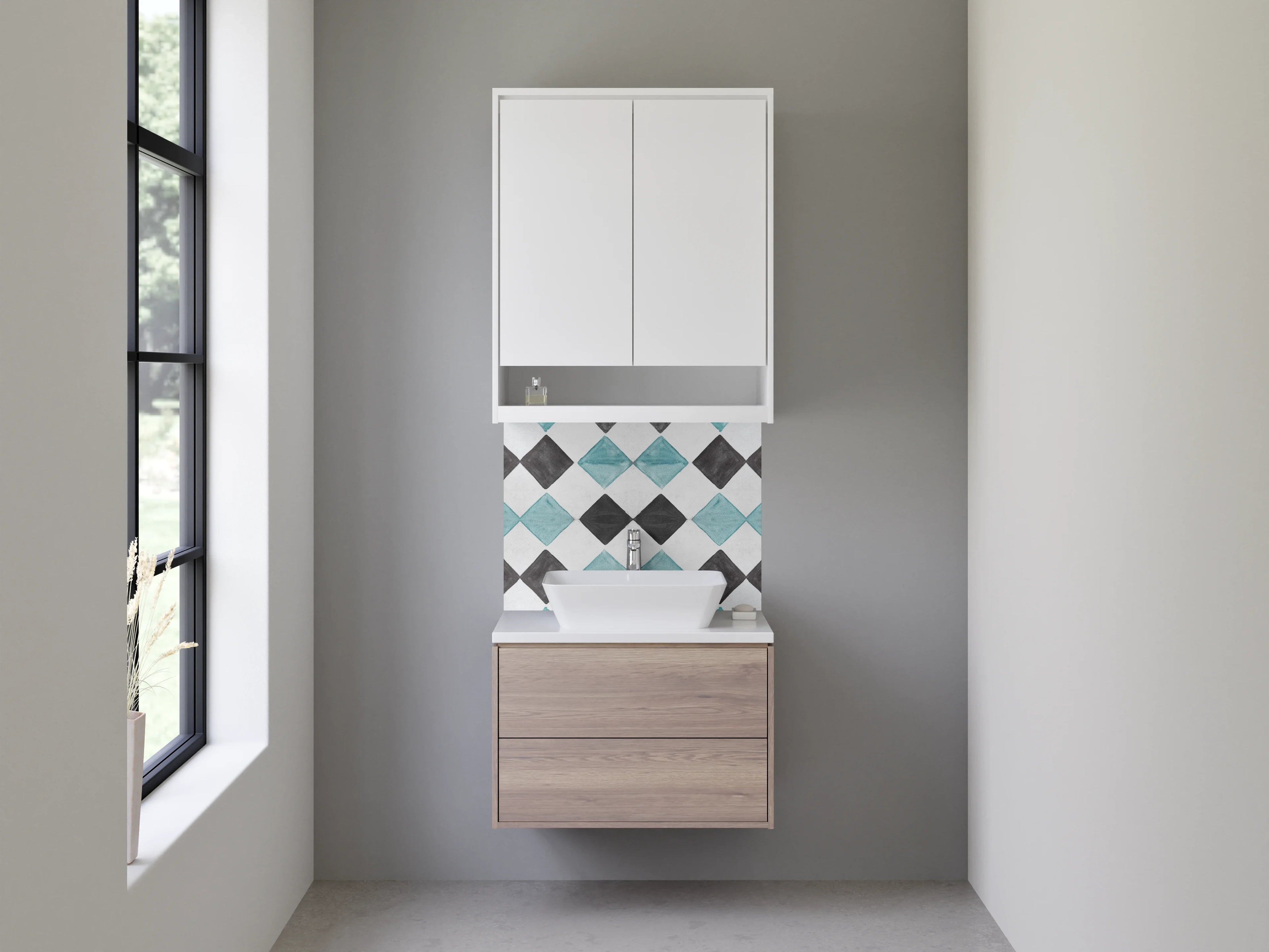 Waschbecken-Rückwand - Bunte Fliesenmuster in Blau, Schwarz und Grau