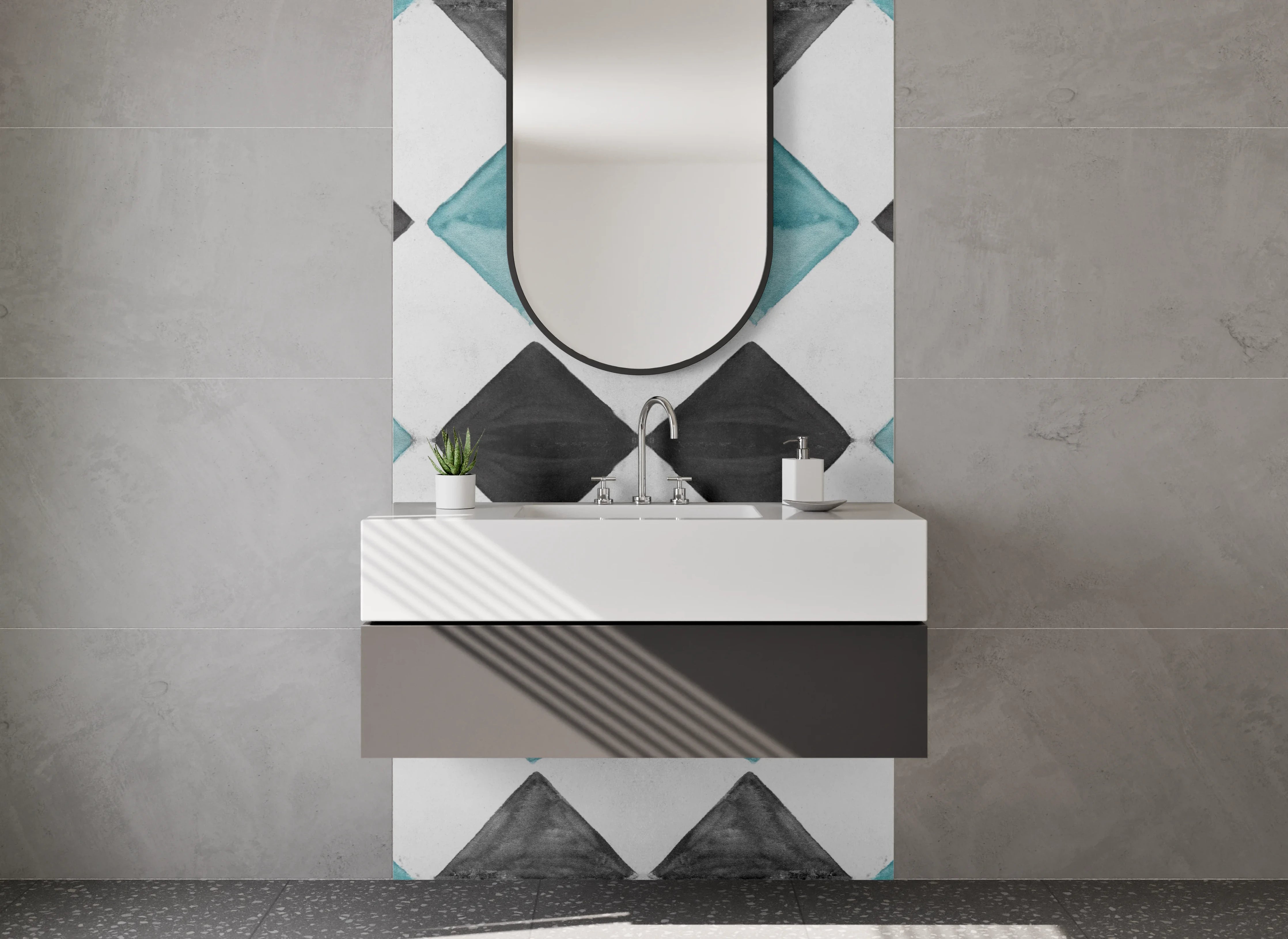 Waschbecken-Rückwand - Bunte Fliesenmuster in Blau, Schwarz und Grau