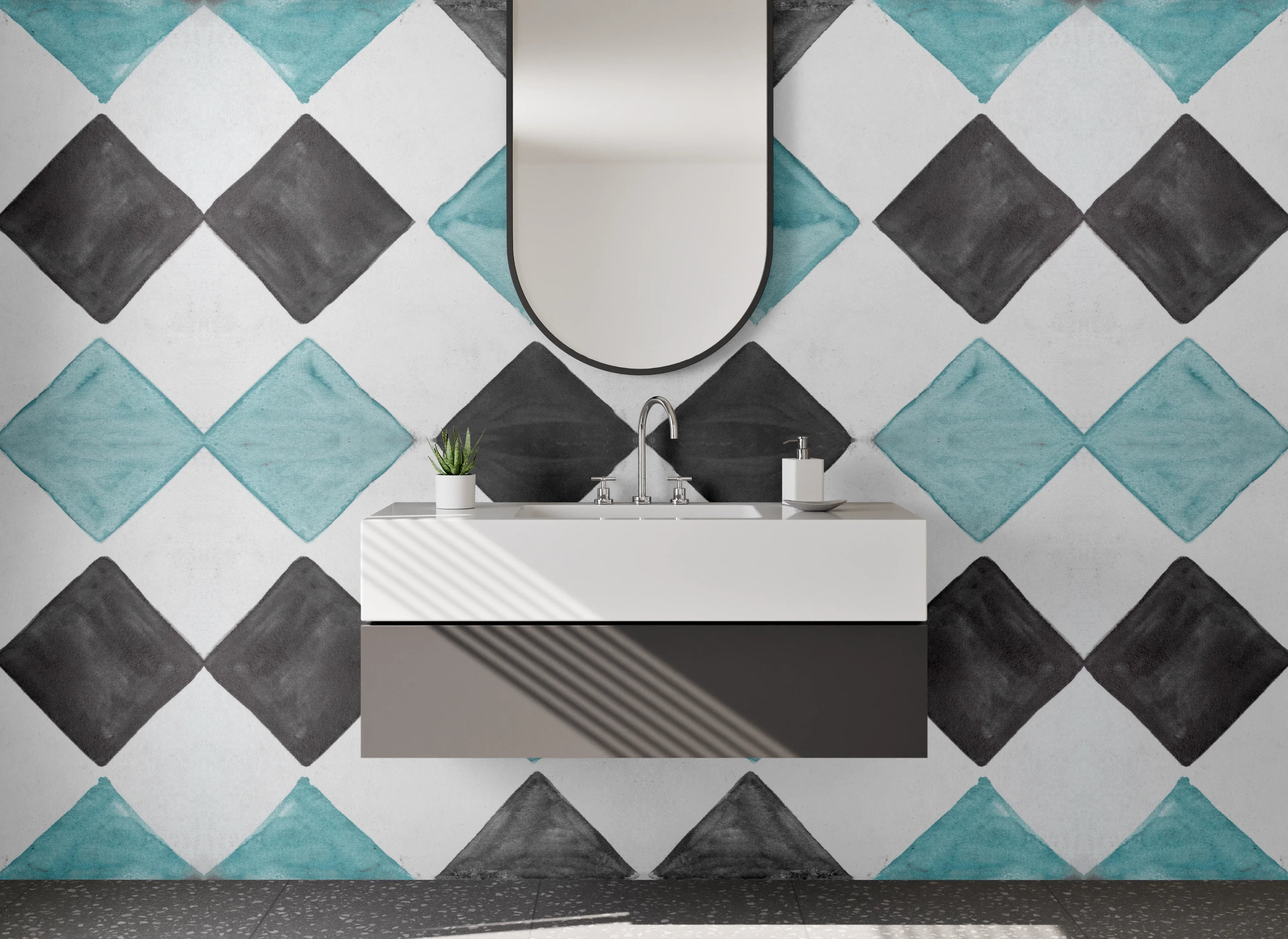 Waschbecken-Rückwand - Bunte Fliesenmuster in Blau, Schwarz und Grau