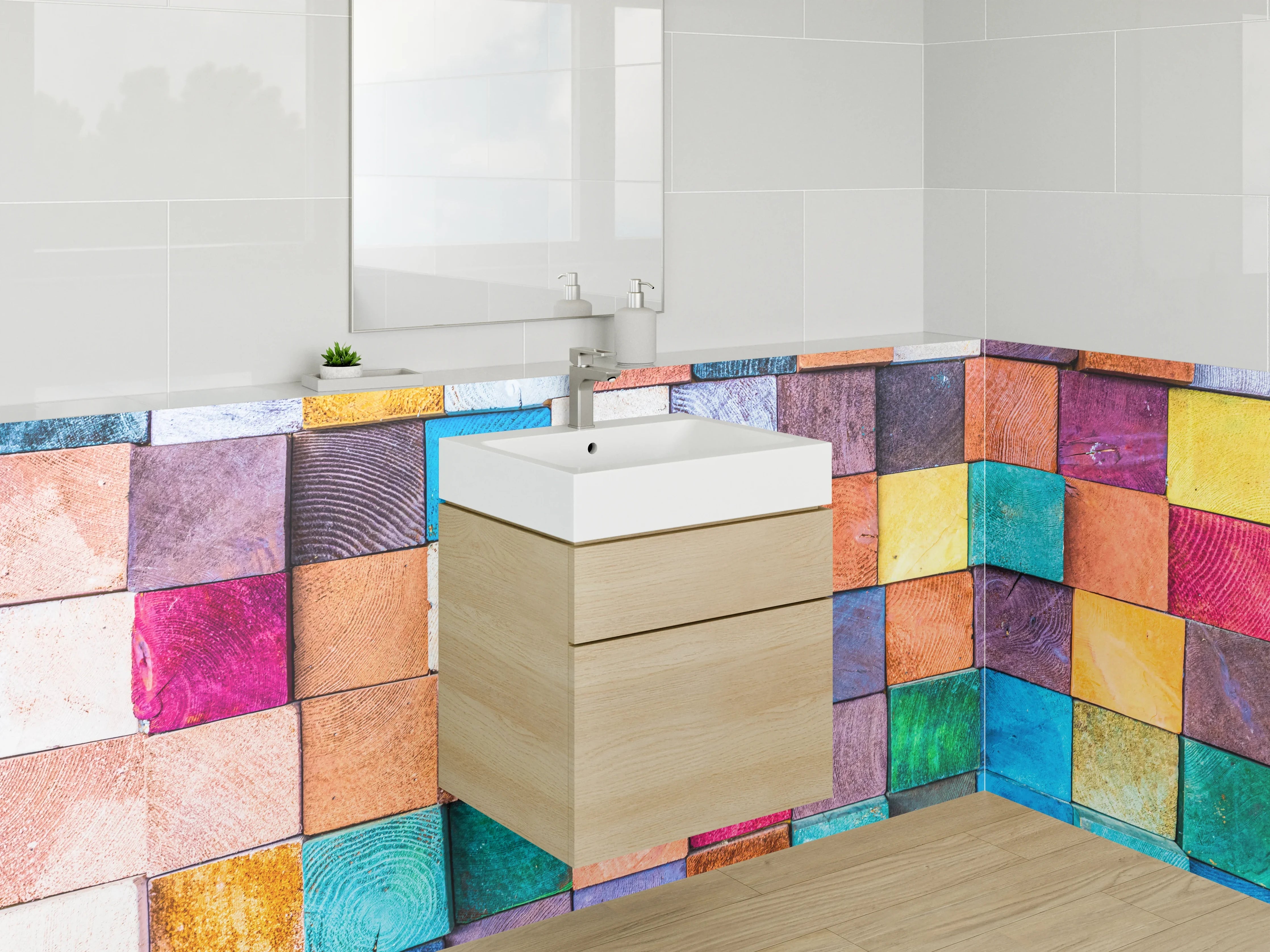 Waschbecken-Rückwand - Bunte Holzquader Leinwand