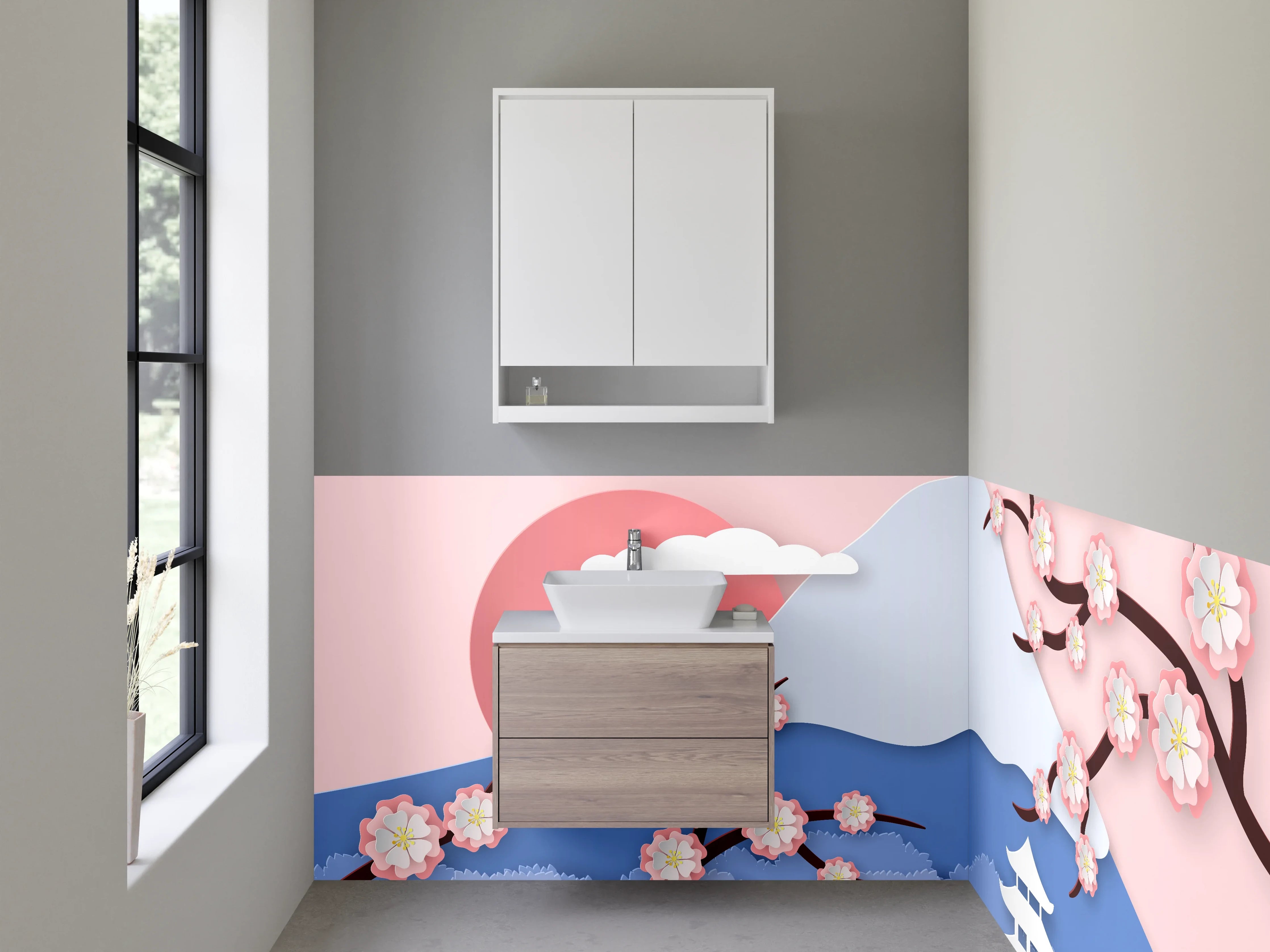 Waschbecken-Rückwand - Bunte Kirschblüten und traditioneller Pagodenblick