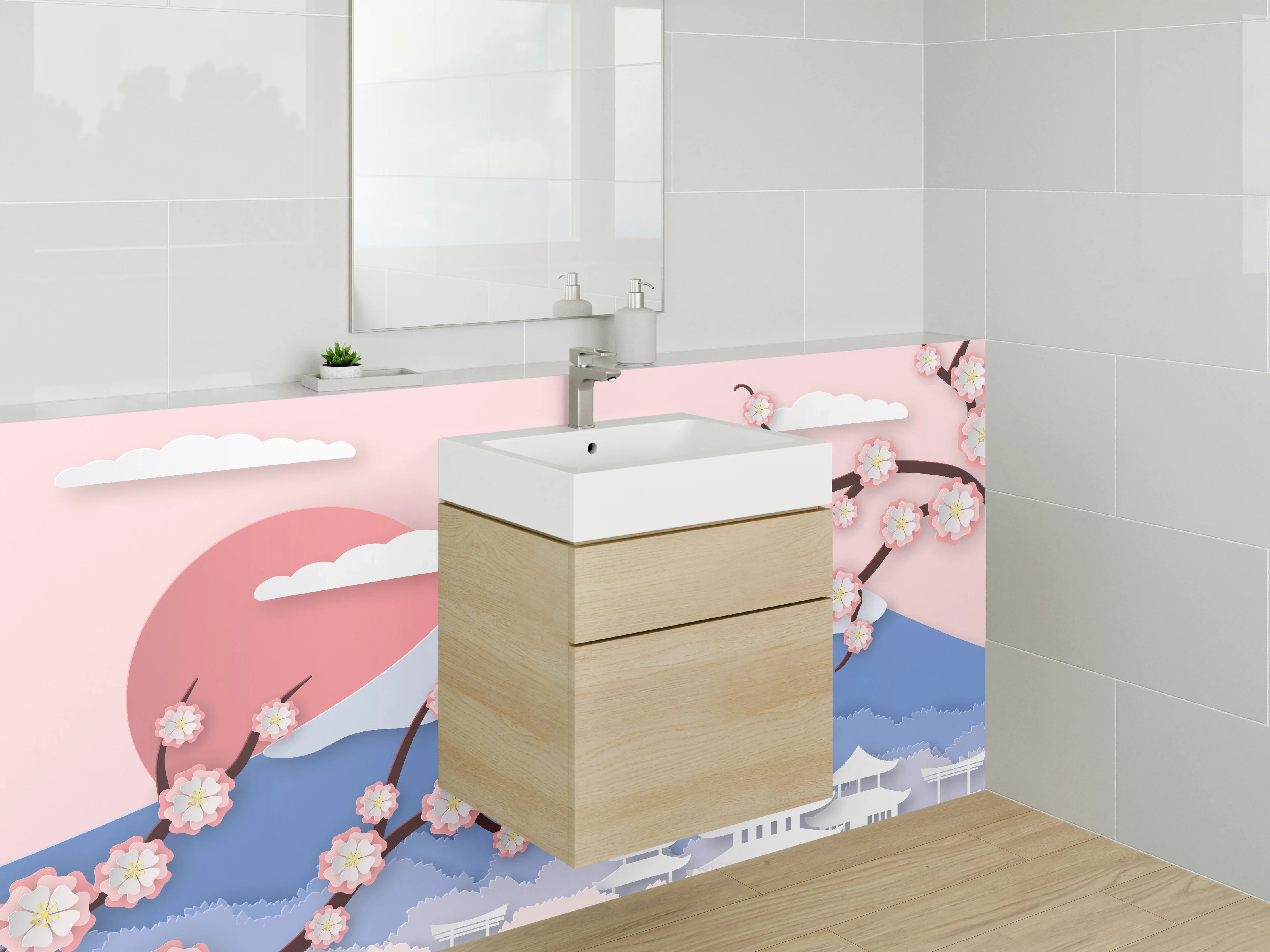 Waschbecken-Rückwand - Bunte Kirschblüten und traditioneller Pagodenblick