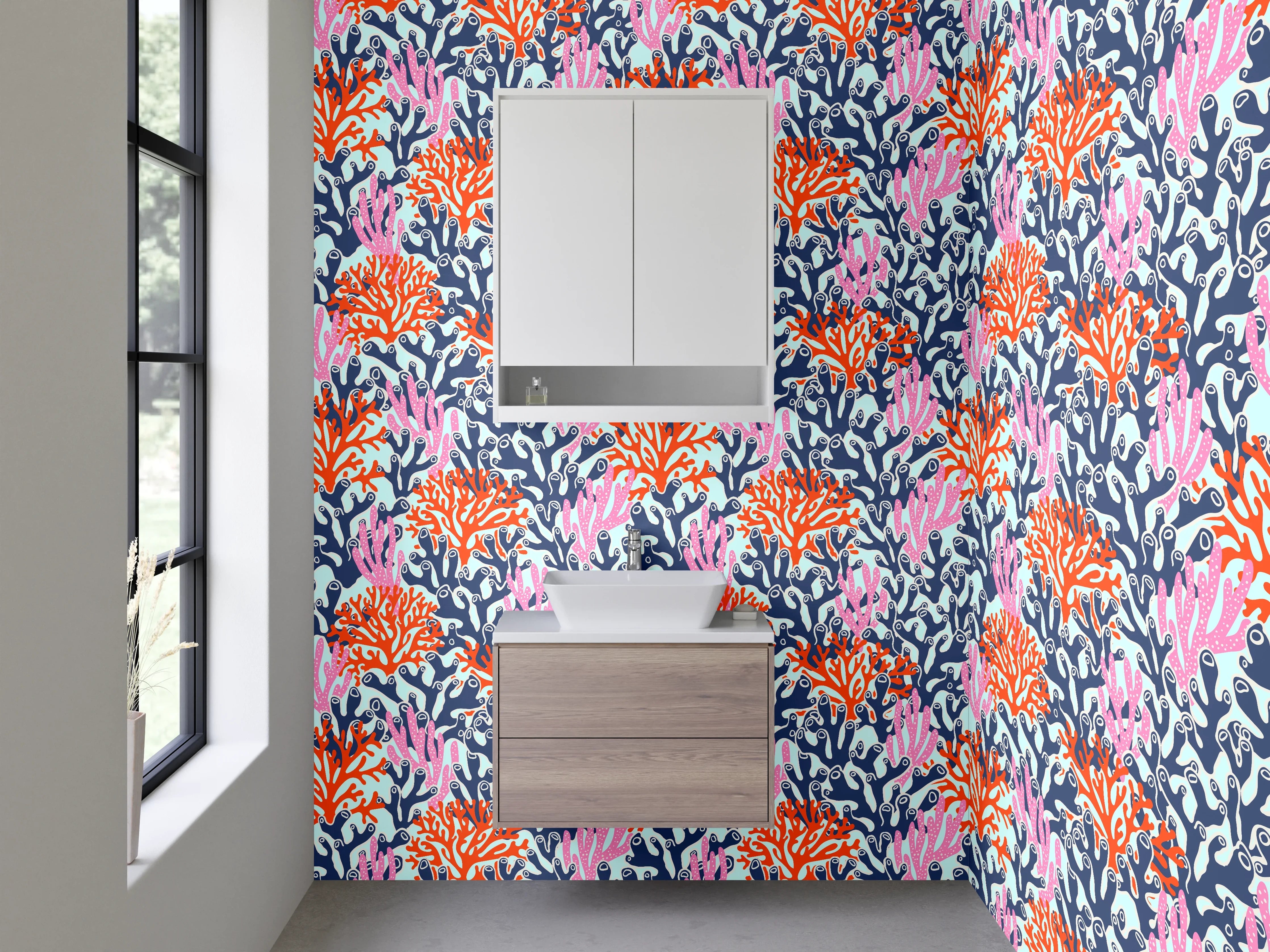Waschbecken-Rückwand - Bunte Korallenriff-Muster in Pink, Orange und Blau