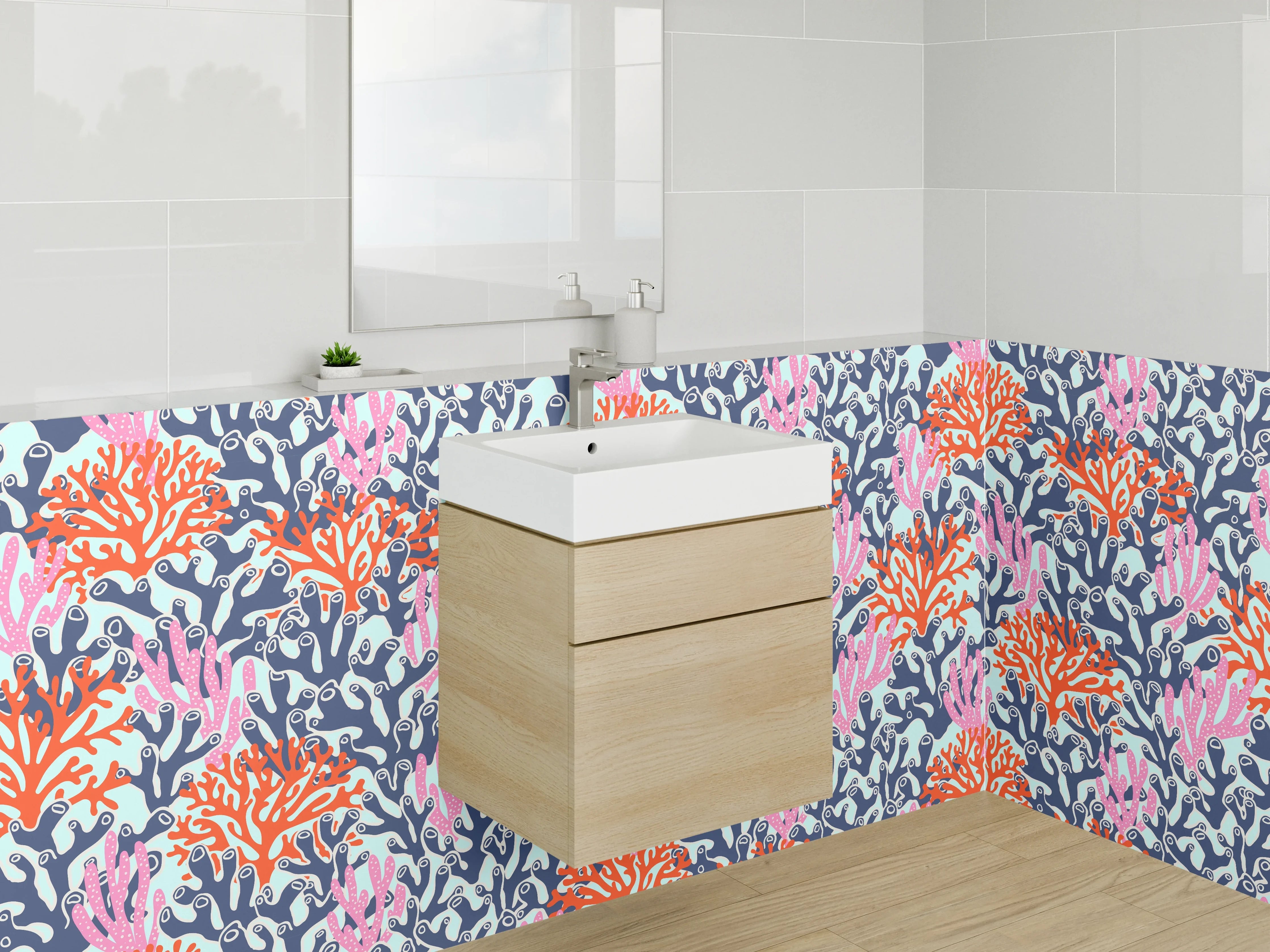 Waschbecken-Rückwand - Bunte Korallenriff-Muster in Pink, Orange und Blau