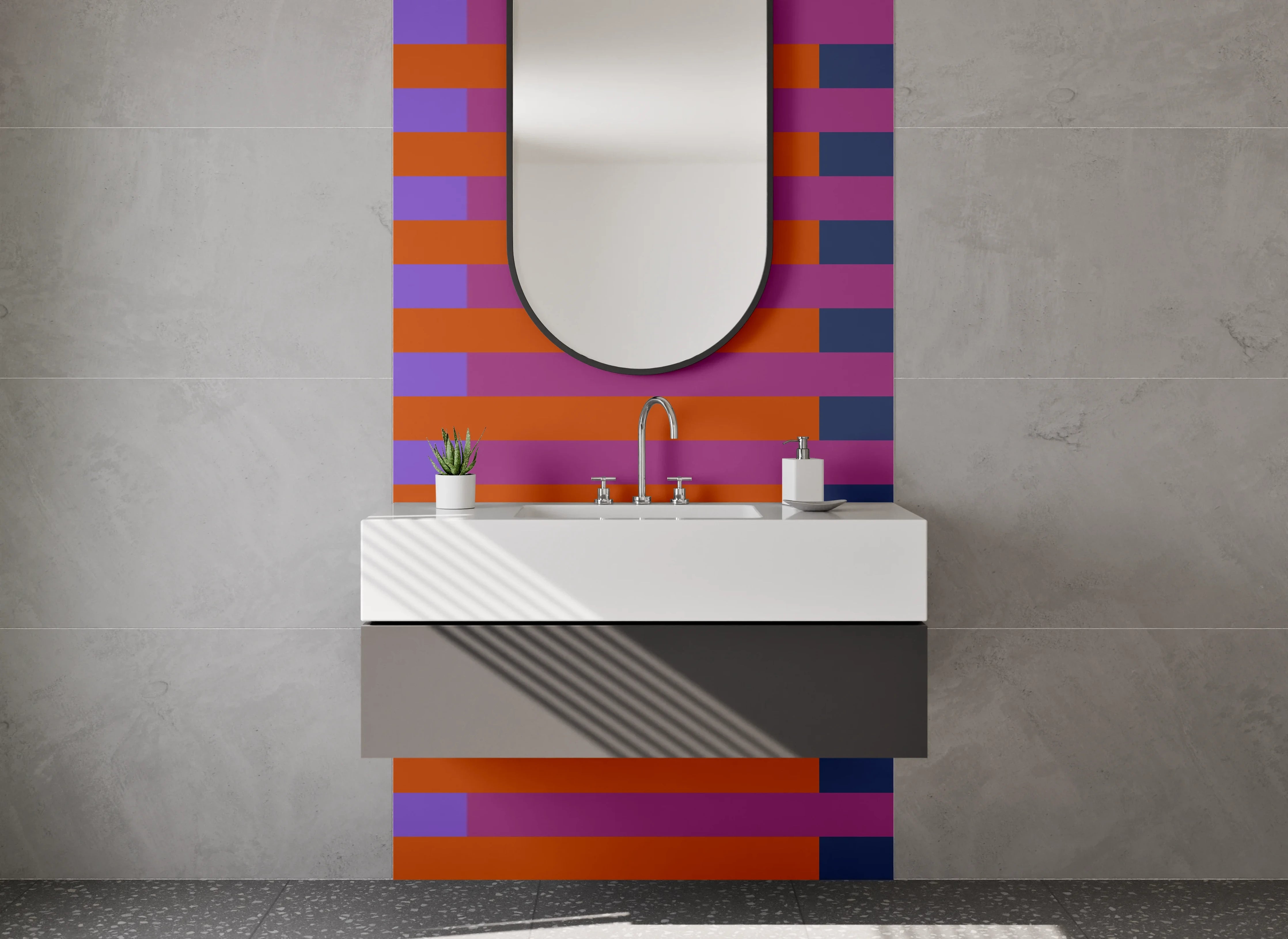 Waschbecken-Rückwand - Bunte Linienmuster mit Streifen in Blau und Orange
