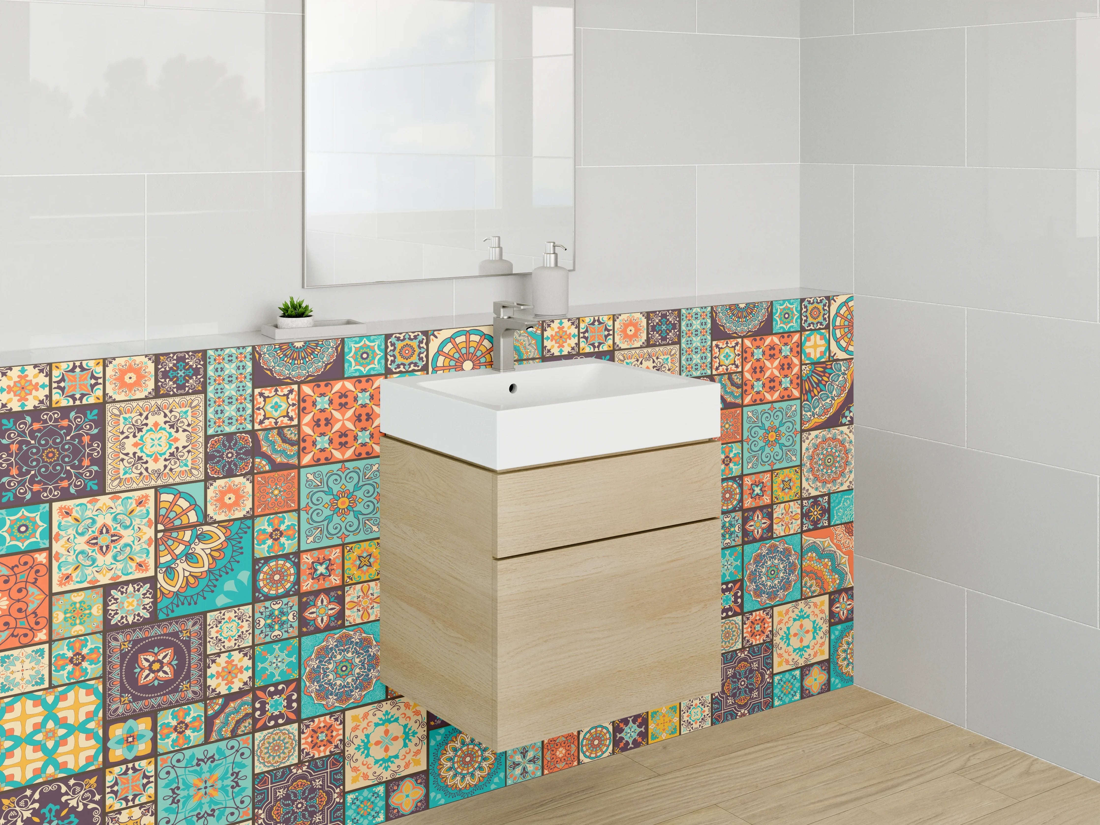 Waschbecken-Rückwand - Bunte Mosaikfliesen Muster Retro