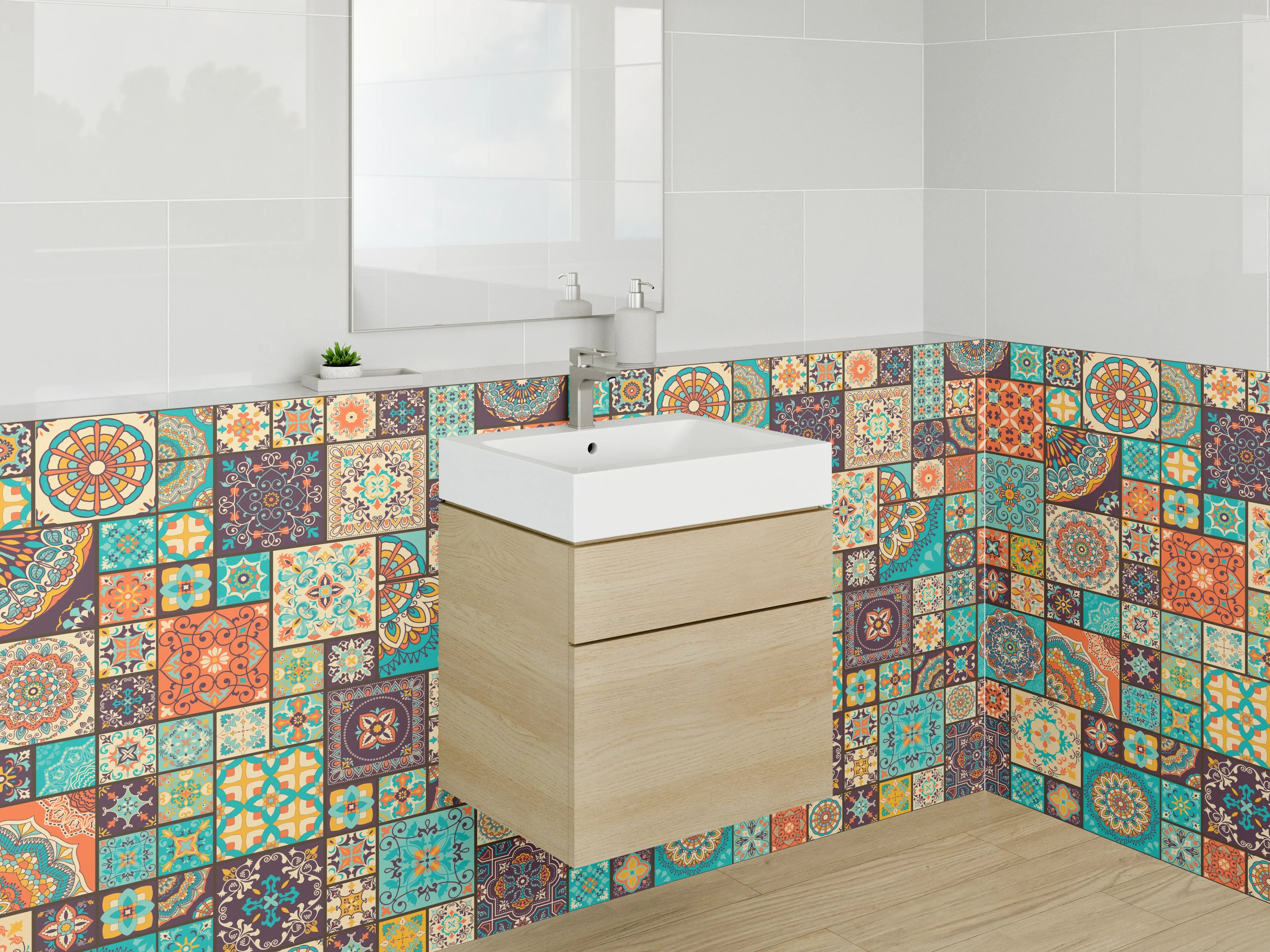 Waschbecken-Rückwand - Bunte Mosaikfliesen Muster Retro