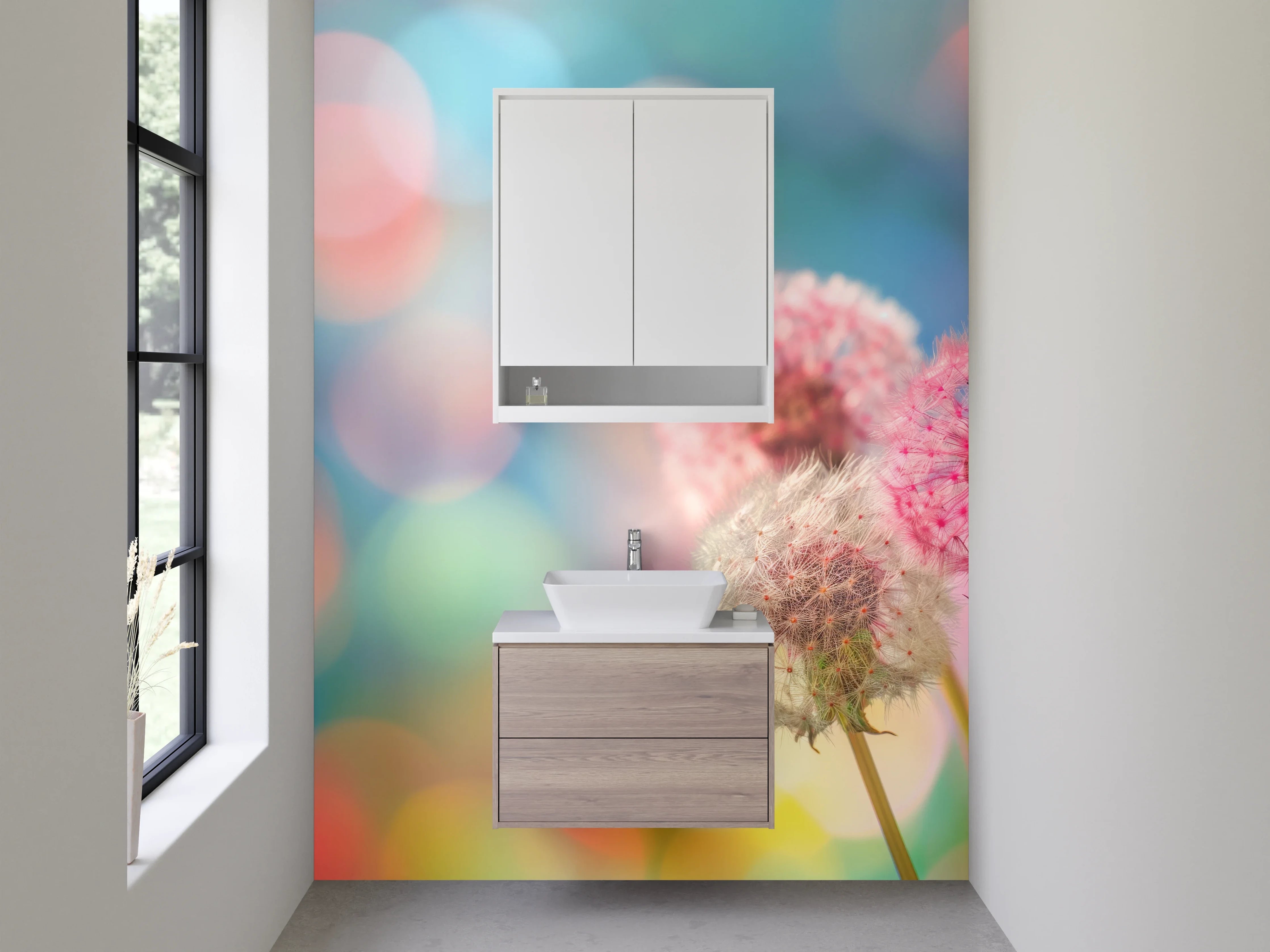 Waschbecken-Rückwand - Bunte Pusteblumen auf Pastell-Hintergrund