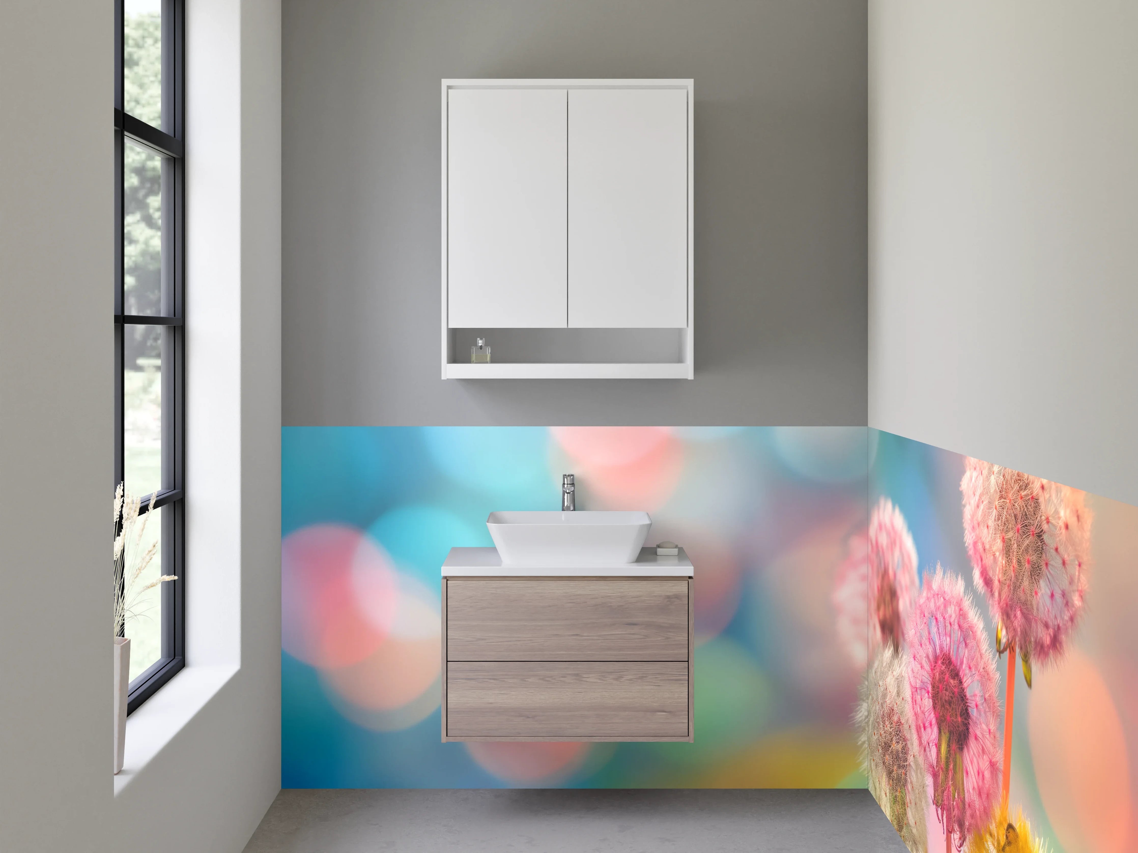 Waschbecken-Rückwand - Bunte Pusteblumen auf Pastell-Hintergrund