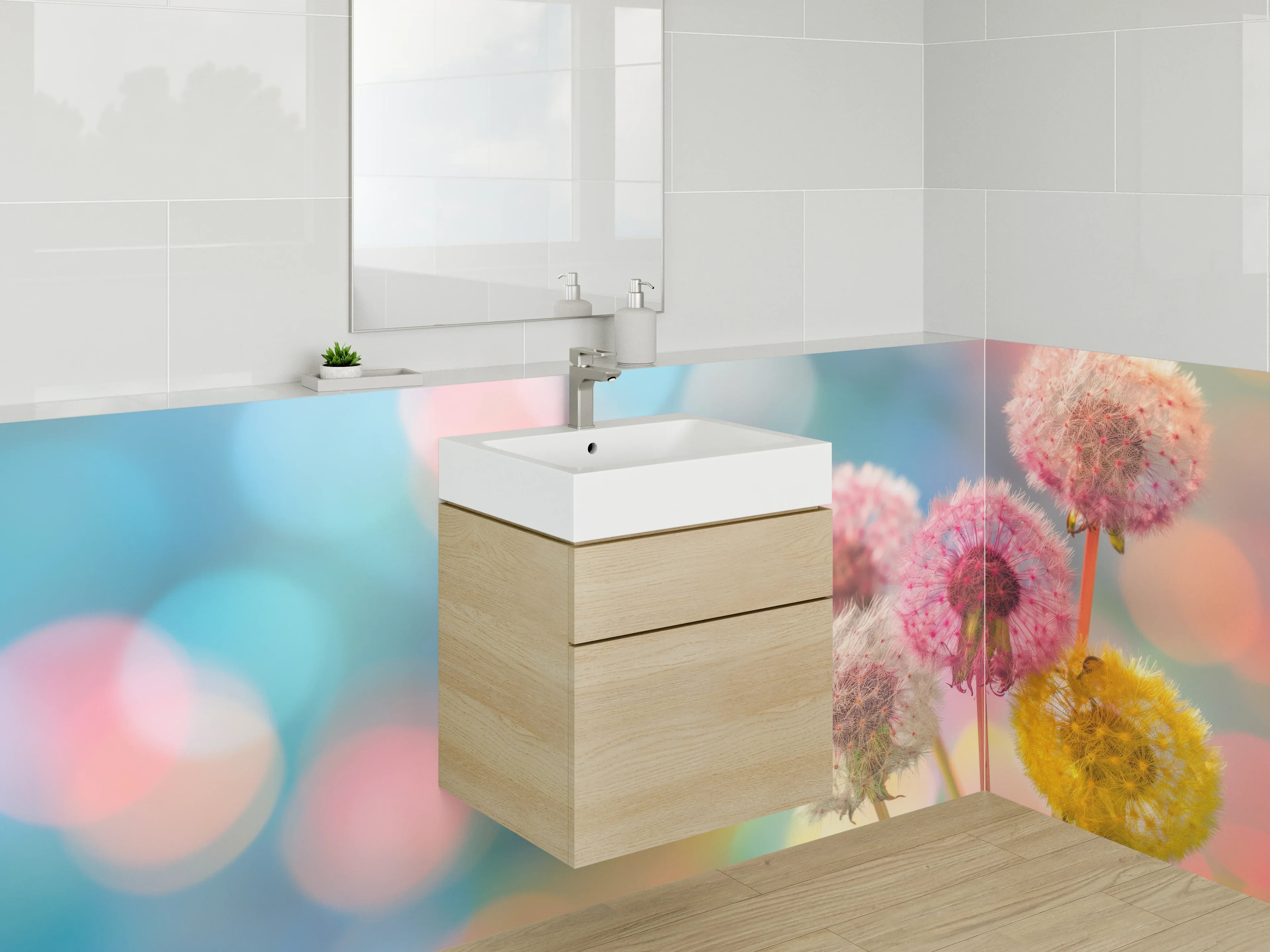 Waschbecken-Rückwand - Bunte Pusteblumen auf Pastell-Hintergrund