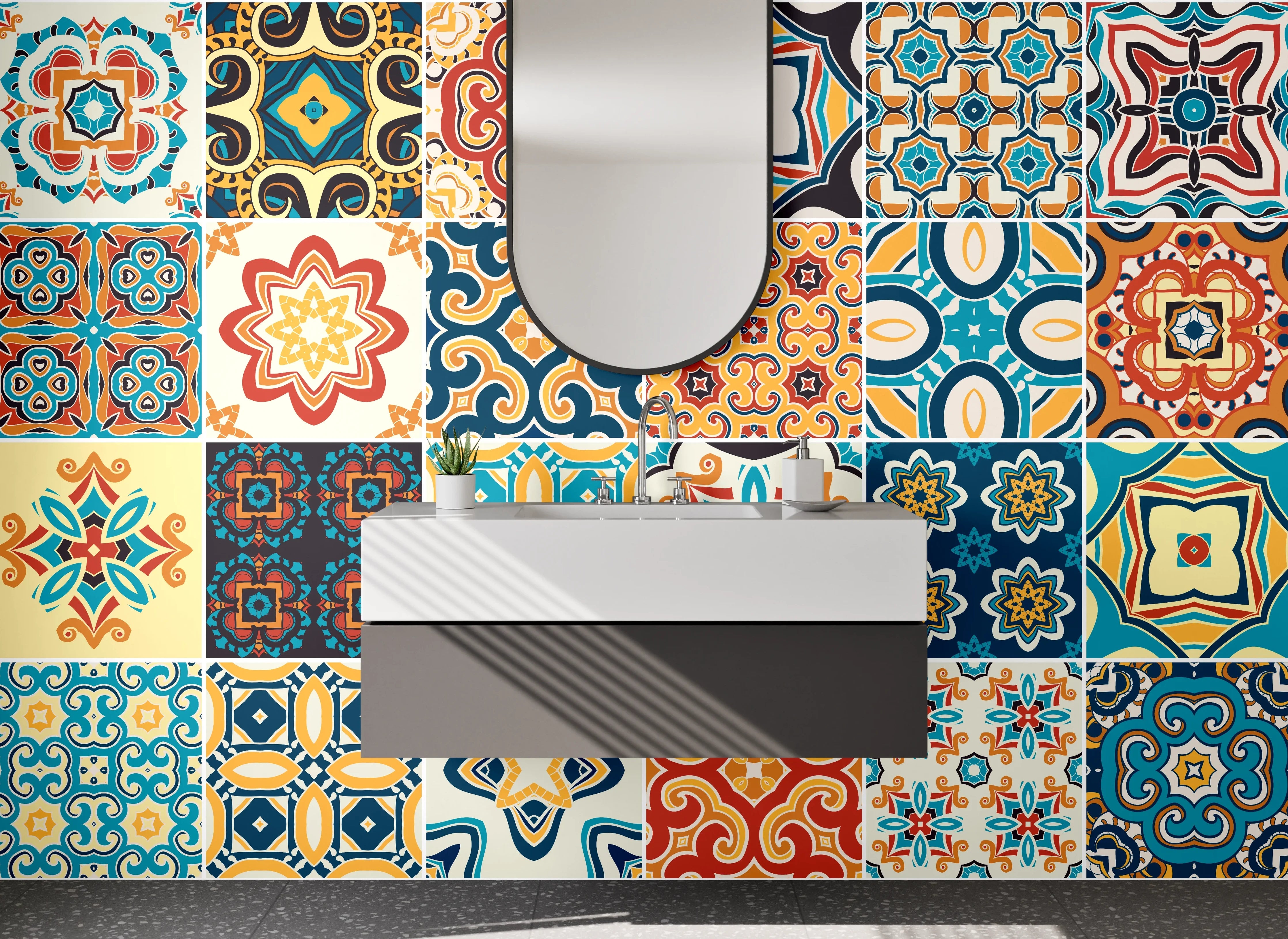 Waschbecken-Rückwand - Bunte Retro-Mosaikfliesen Muster