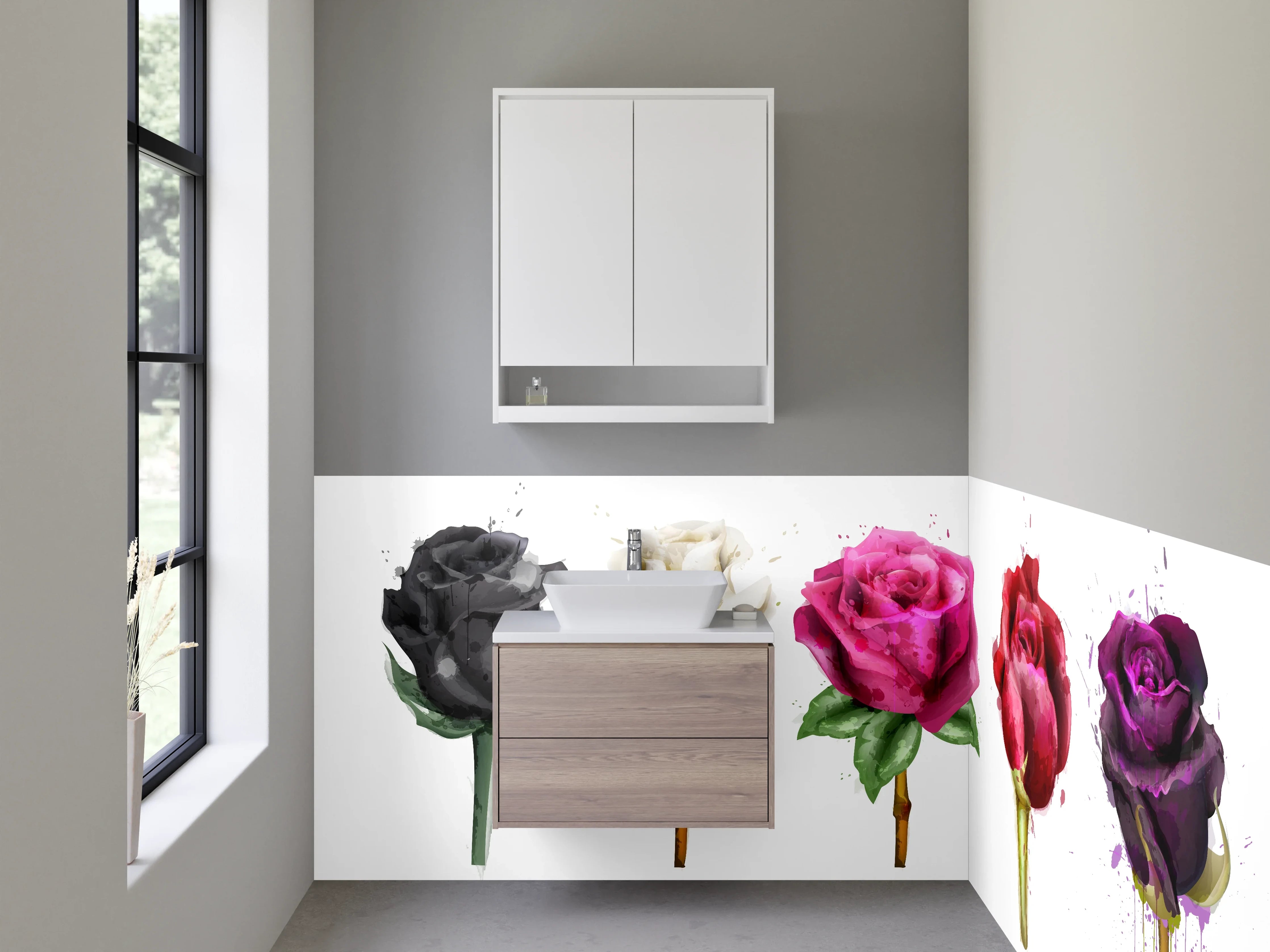 Waschbecken-Rückwand - Bunte Rosen in Schwarz, Weiß, Pink, Rot und Lila