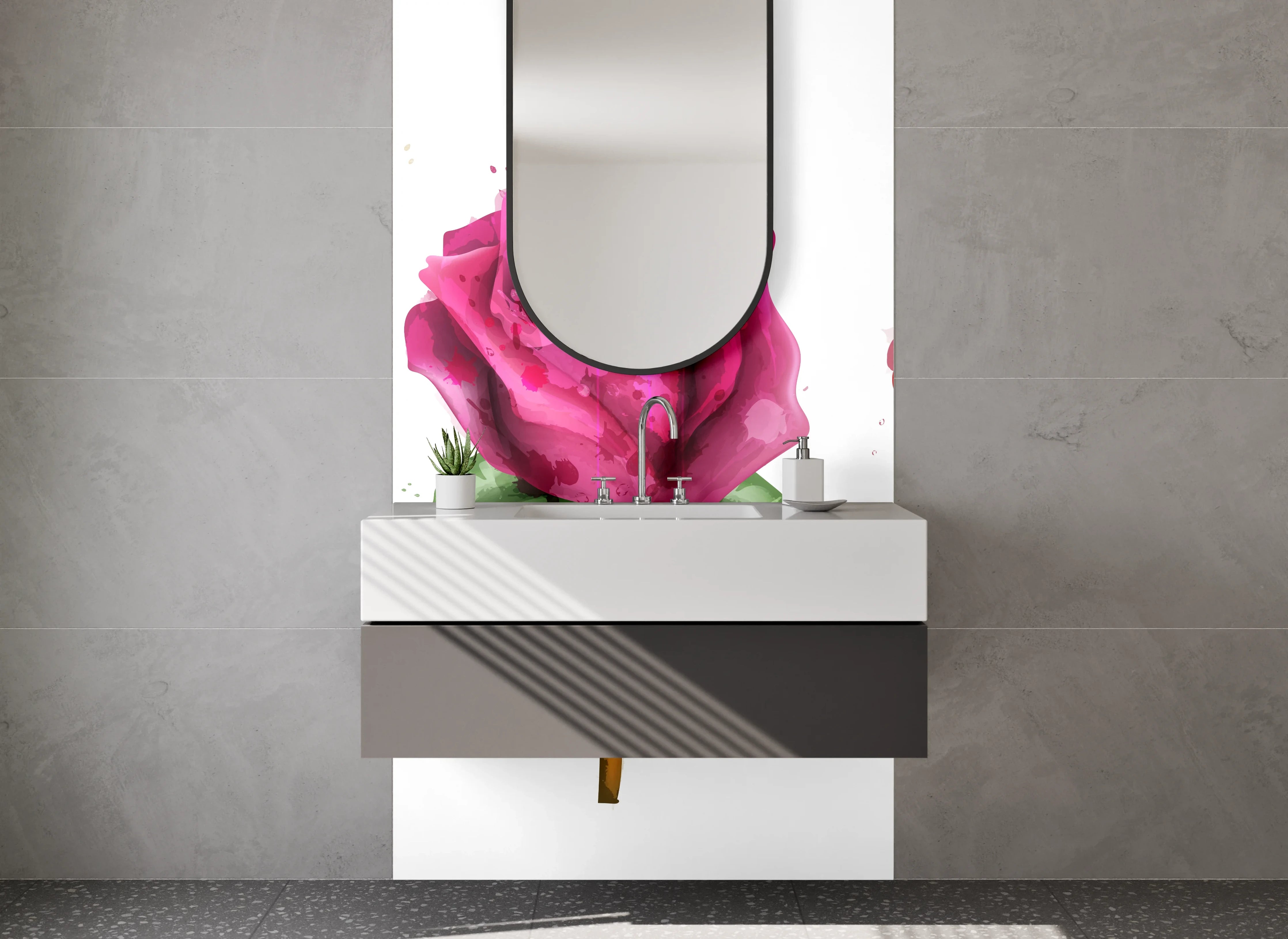 Waschbecken-Rückwand - Bunte Rosen in Schwarz, Weiß, Pink, Rot und Lila