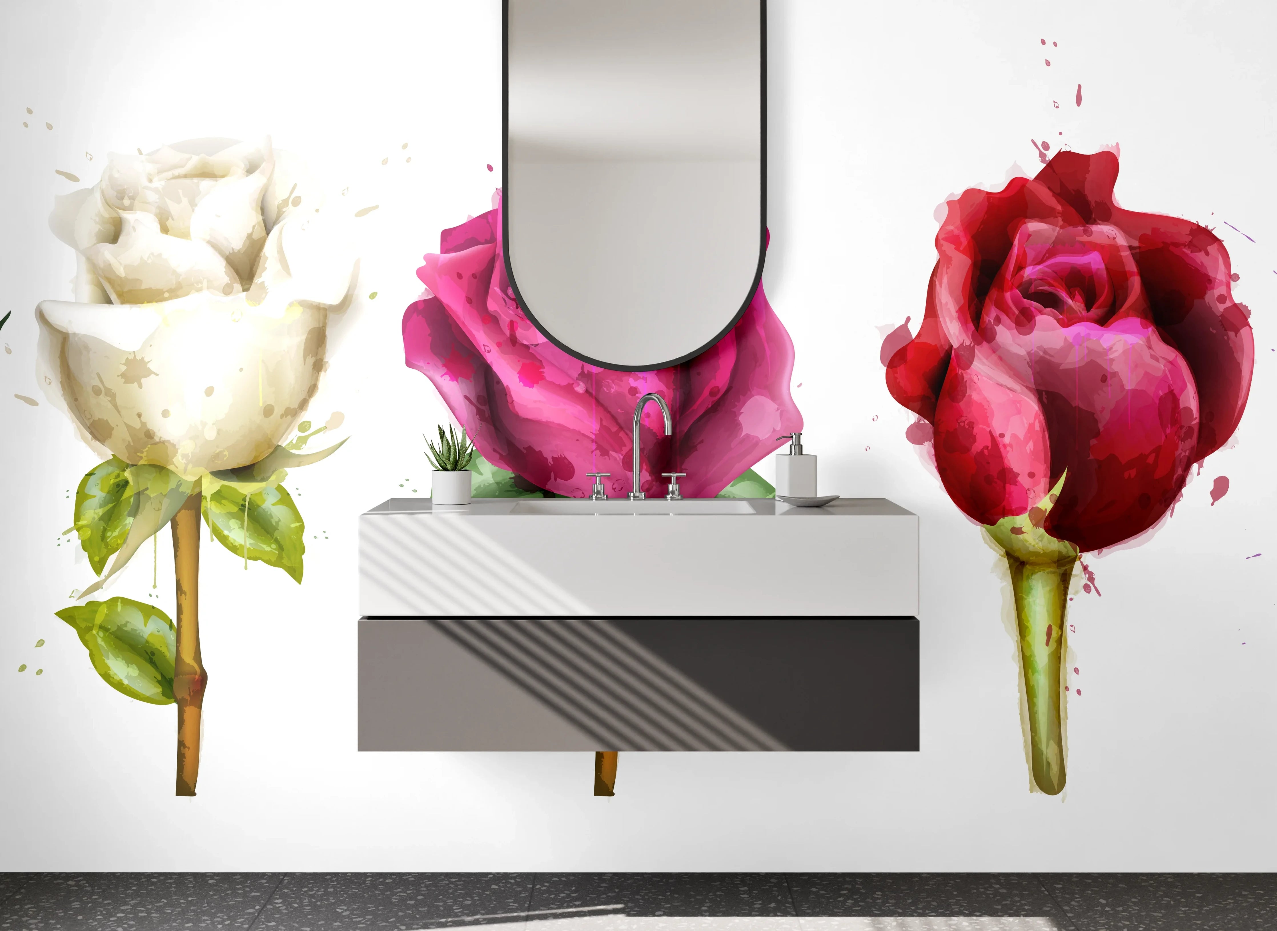 Waschbecken-Rückwand - Bunte Rosen in Schwarz, Weiß, Pink, Rot und Lila