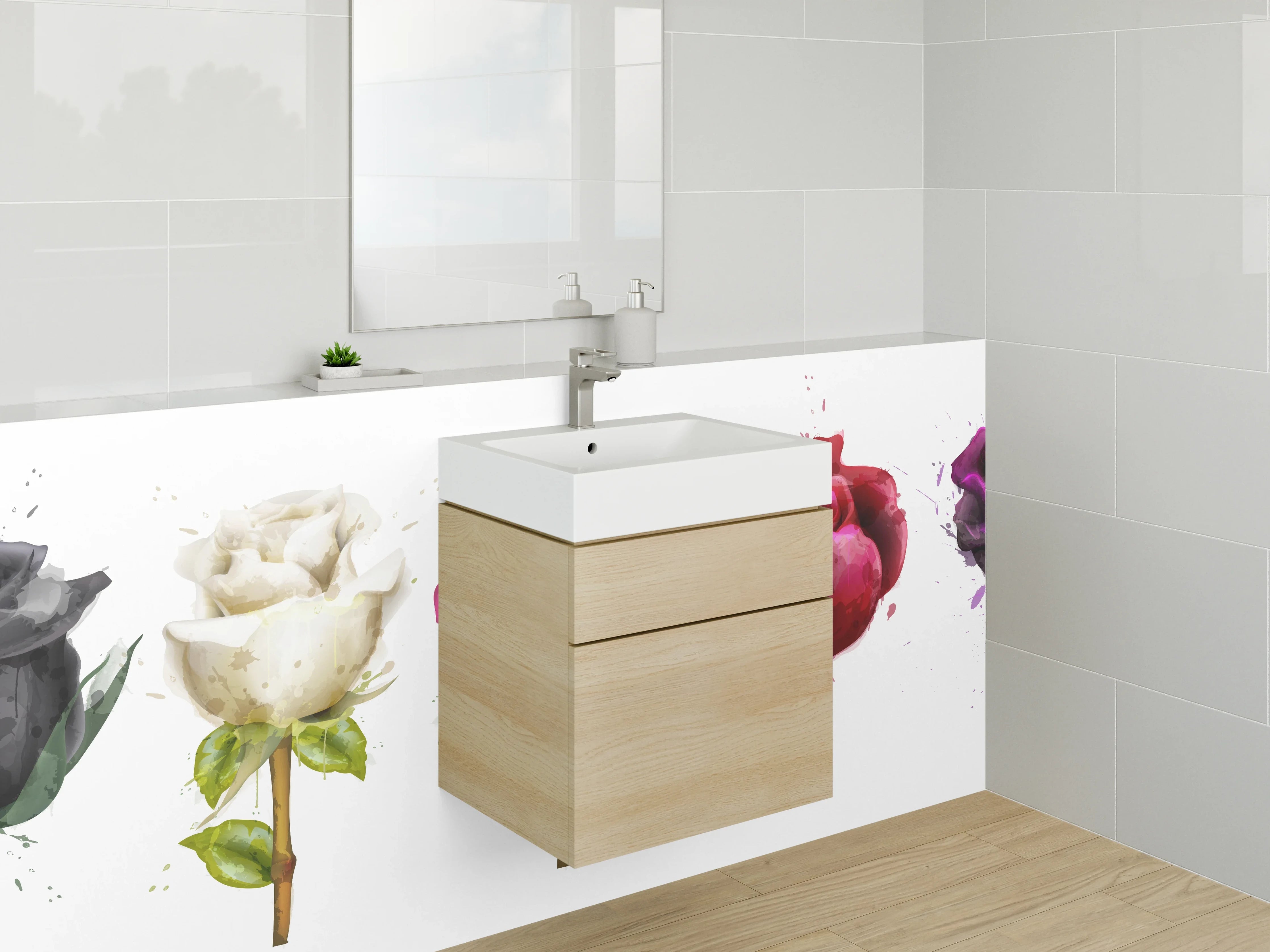 Waschbecken-Rückwand - Bunte Rosen in Schwarz, Weiß, Pink, Rot und Lila