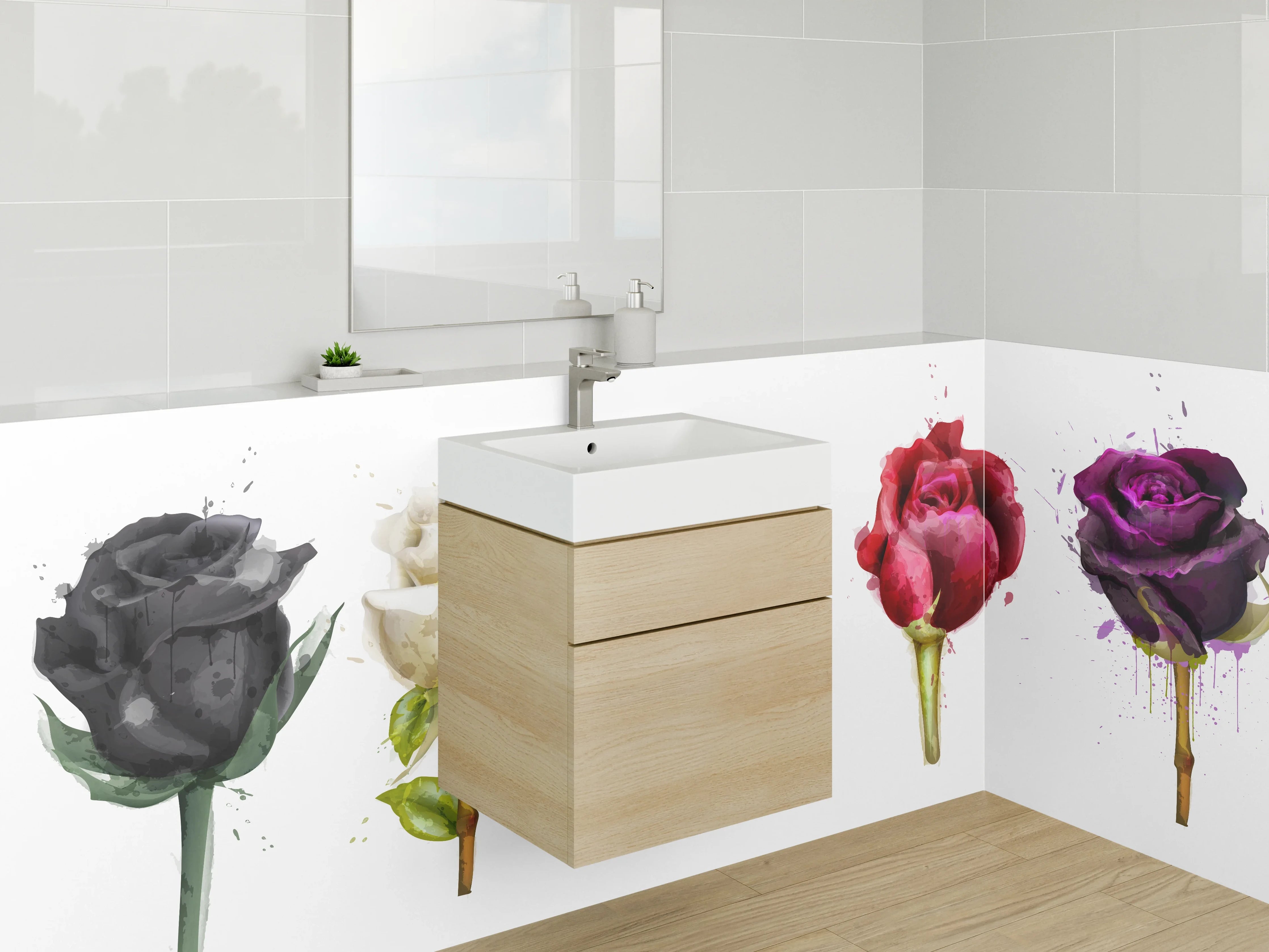 Waschbecken-Rückwand - Bunte Rosen in Schwarz, Weiß, Pink, Rot und Lila