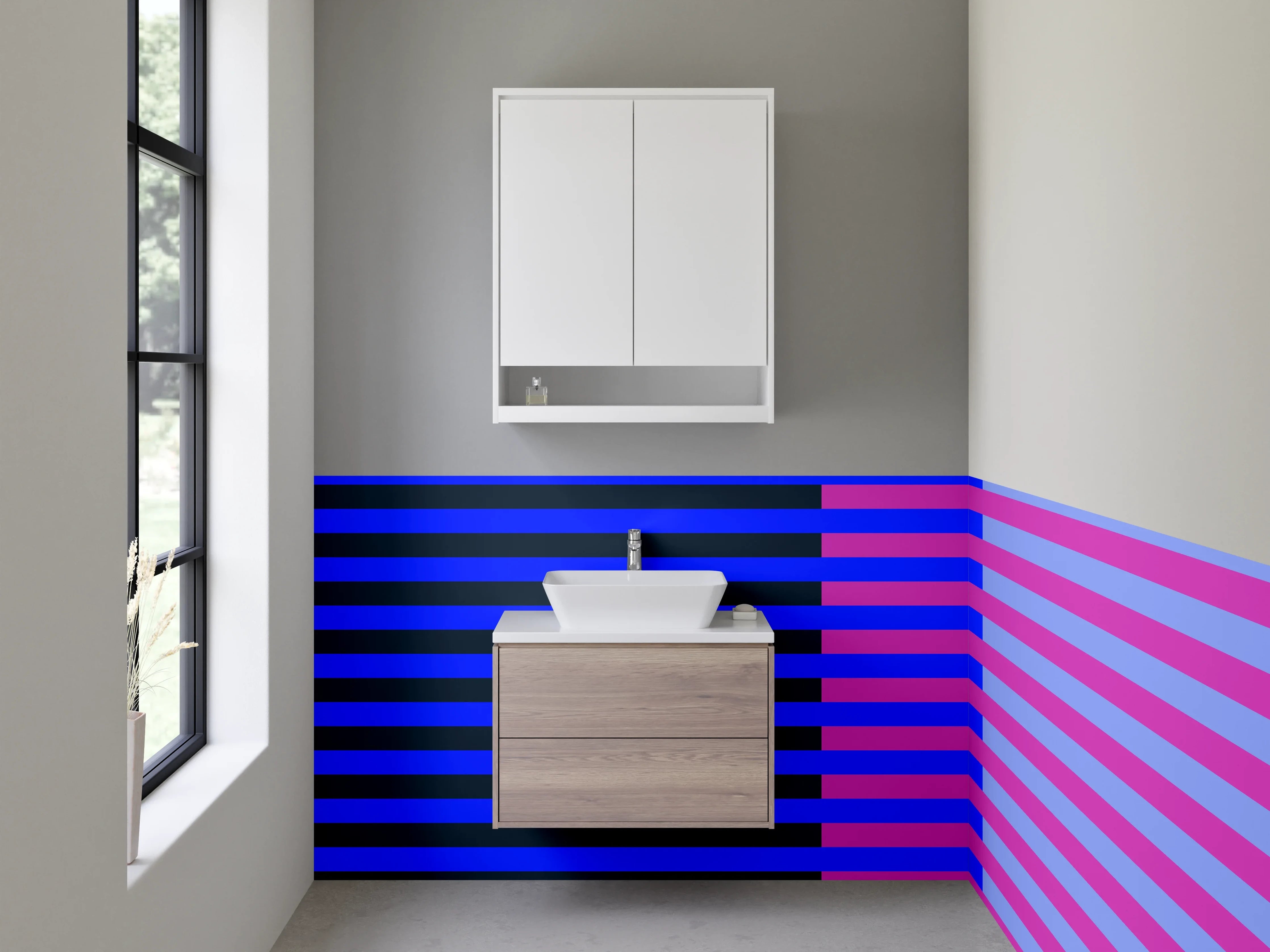 Waschbecken-Rückwand - Bunte Streifen in Blau und Pink