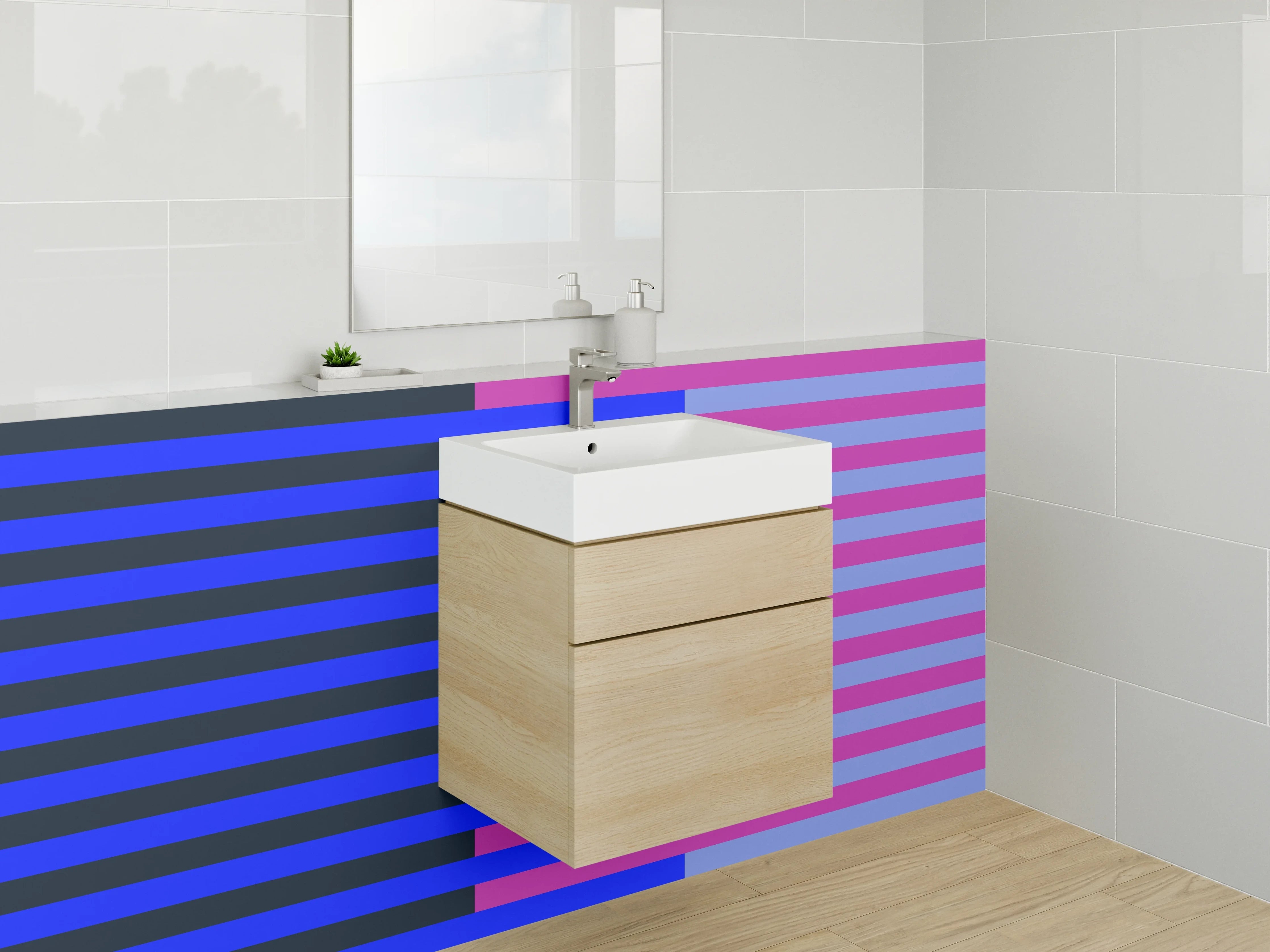 Waschbecken-Rückwand - Bunte Streifen in Blau und Pink