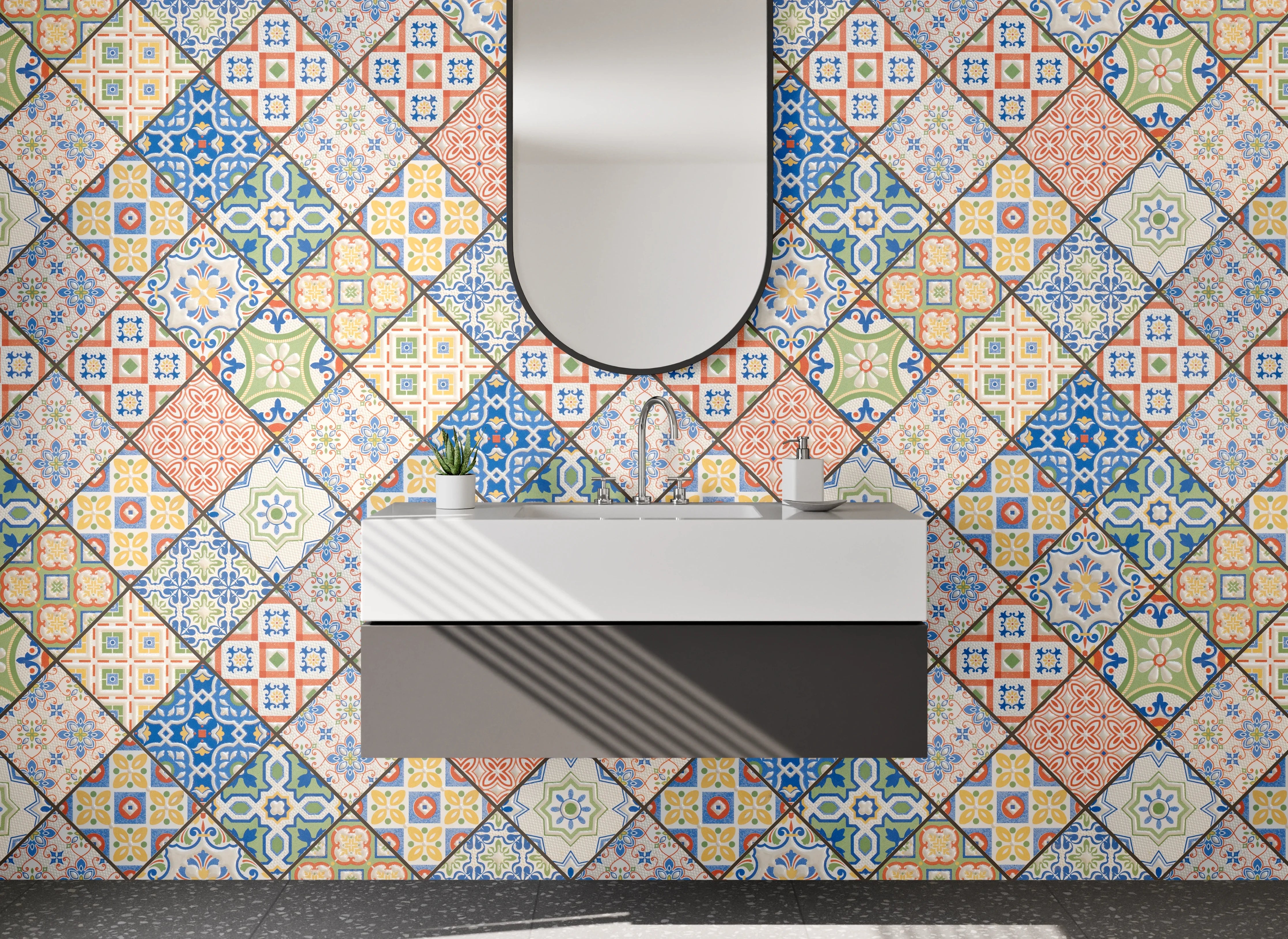 Waschbecken-Rückwand - Bunte Vintage-Fliesen Mosaik Muster