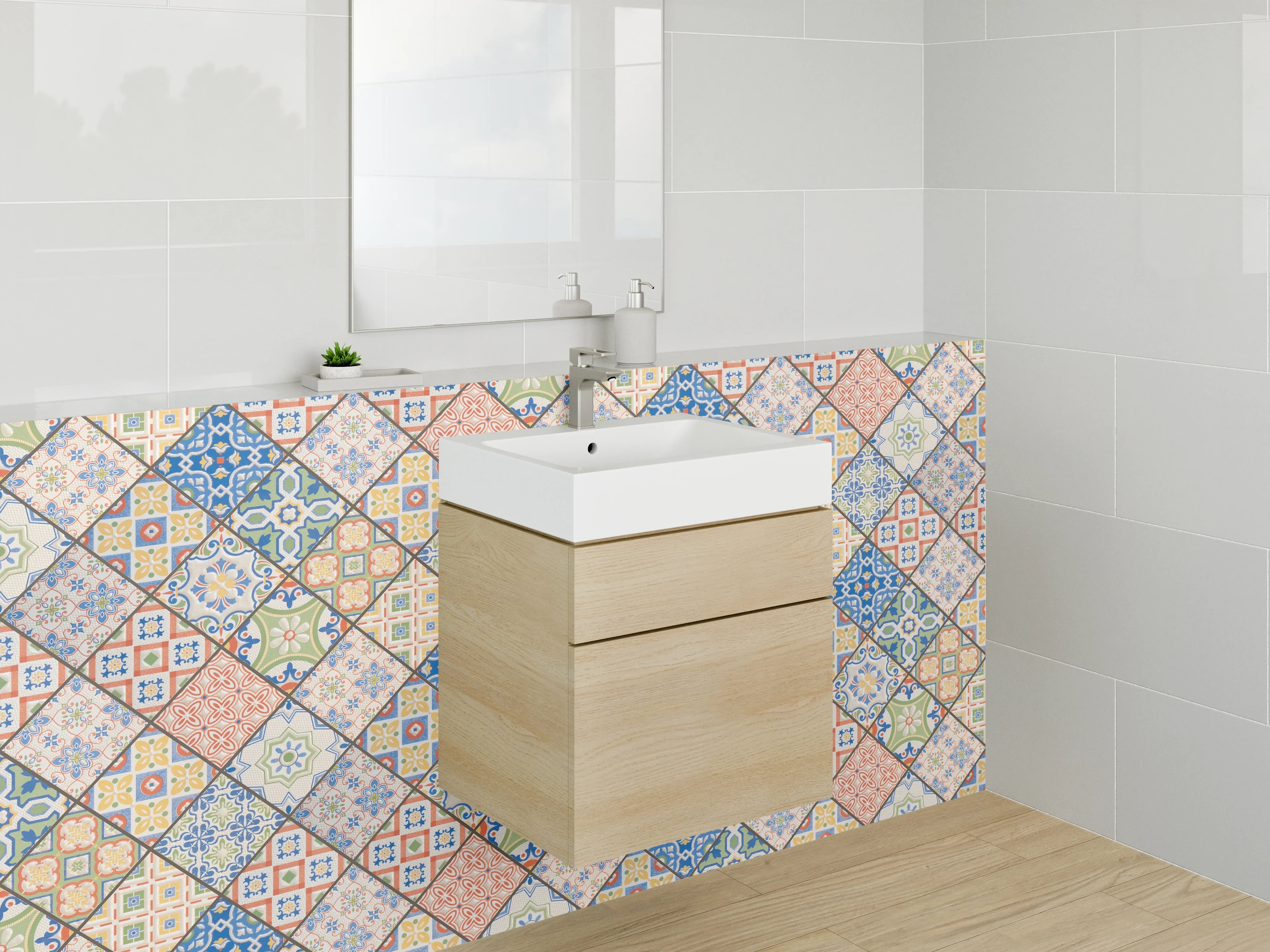 Waschbecken-Rückwand - Bunte Vintage-Fliesen Mosaik Muster