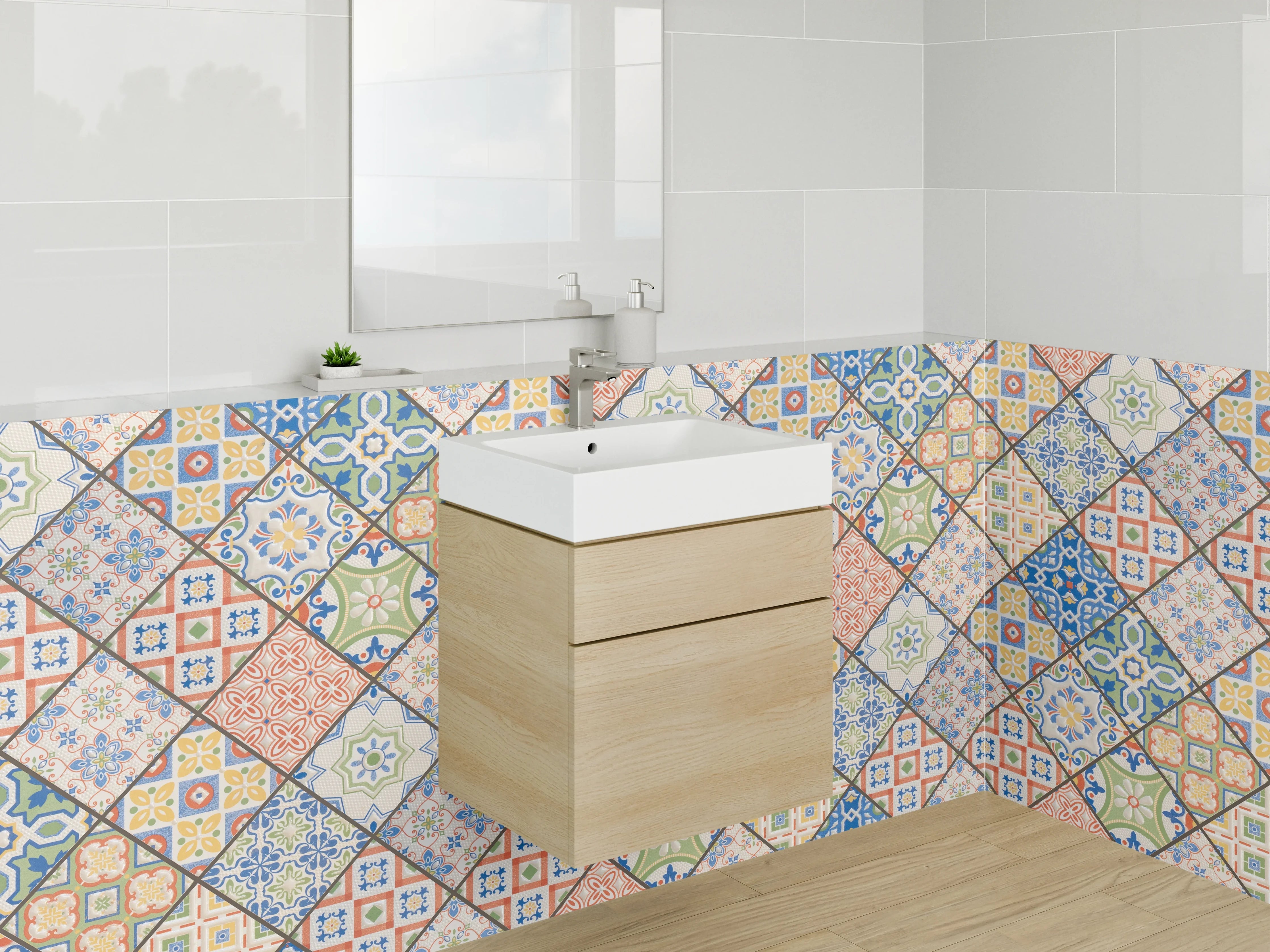 Waschbecken-Rückwand - Bunte Vintage-Fliesen Mosaik Muster