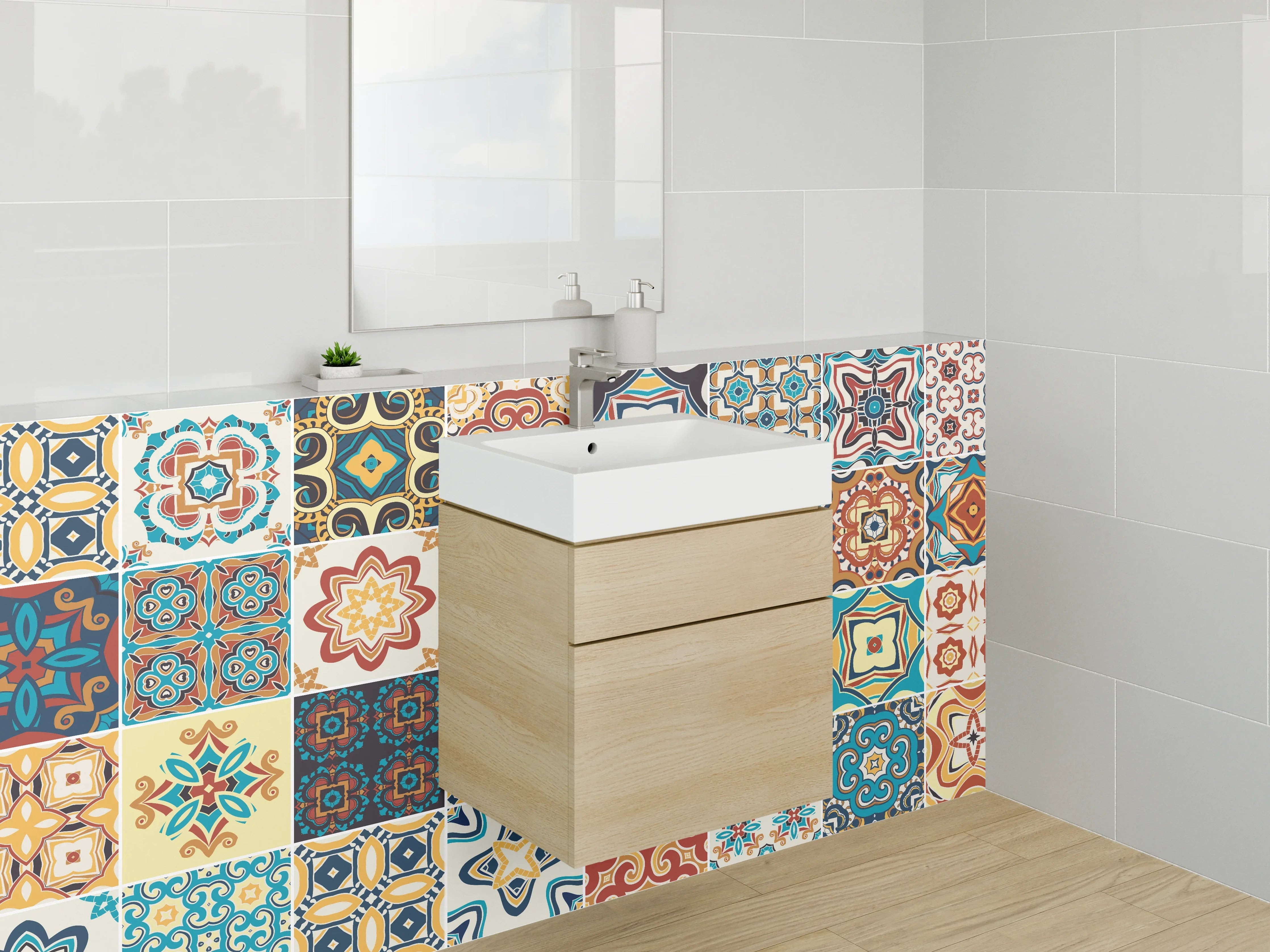 Waschbecken-Rückwand - Bunte Vintage-Fliesen Patchwork Muster