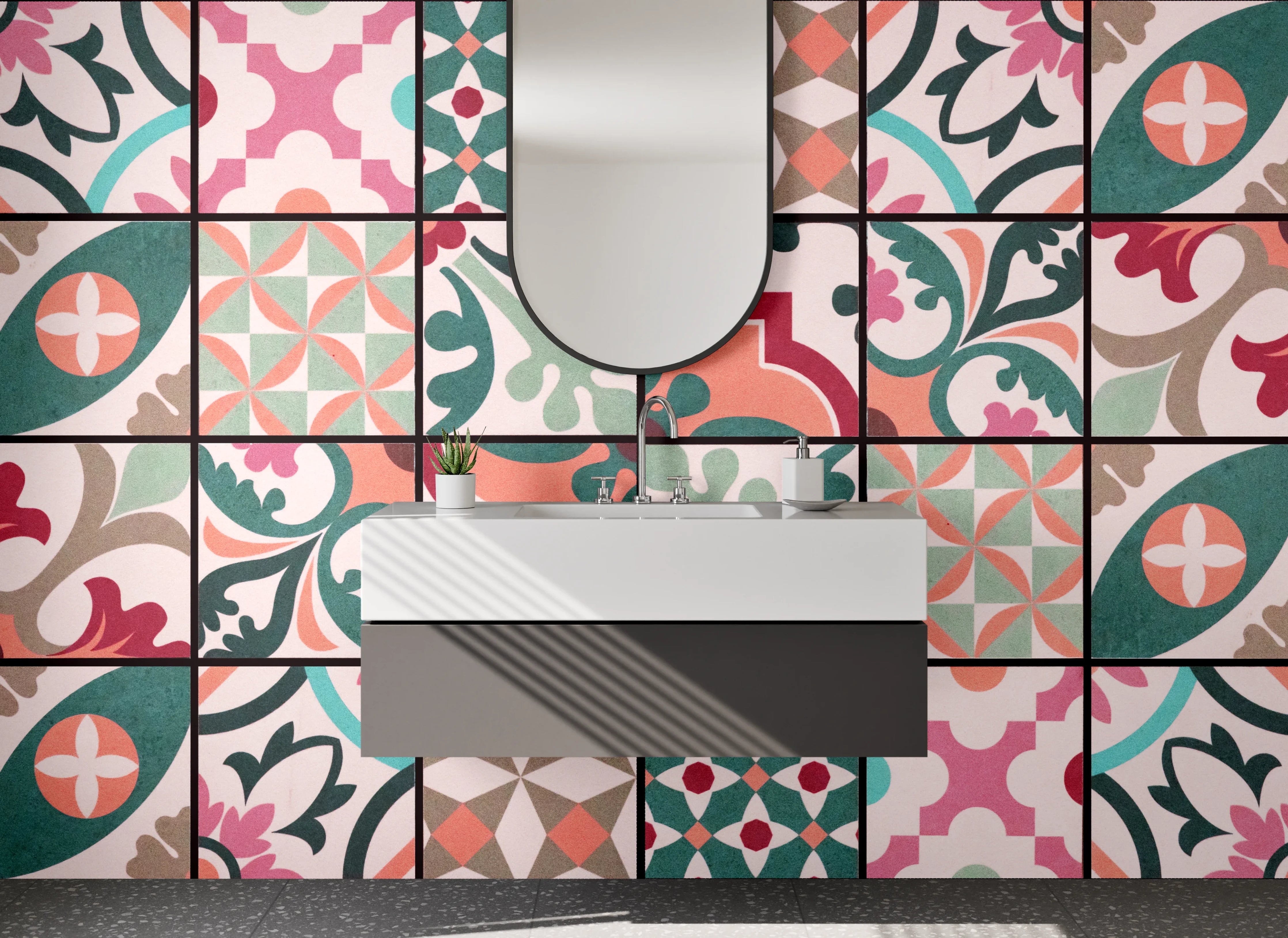 Waschbecken-Rückwand - Bunte Vintage Patchwork Fliesenmuster