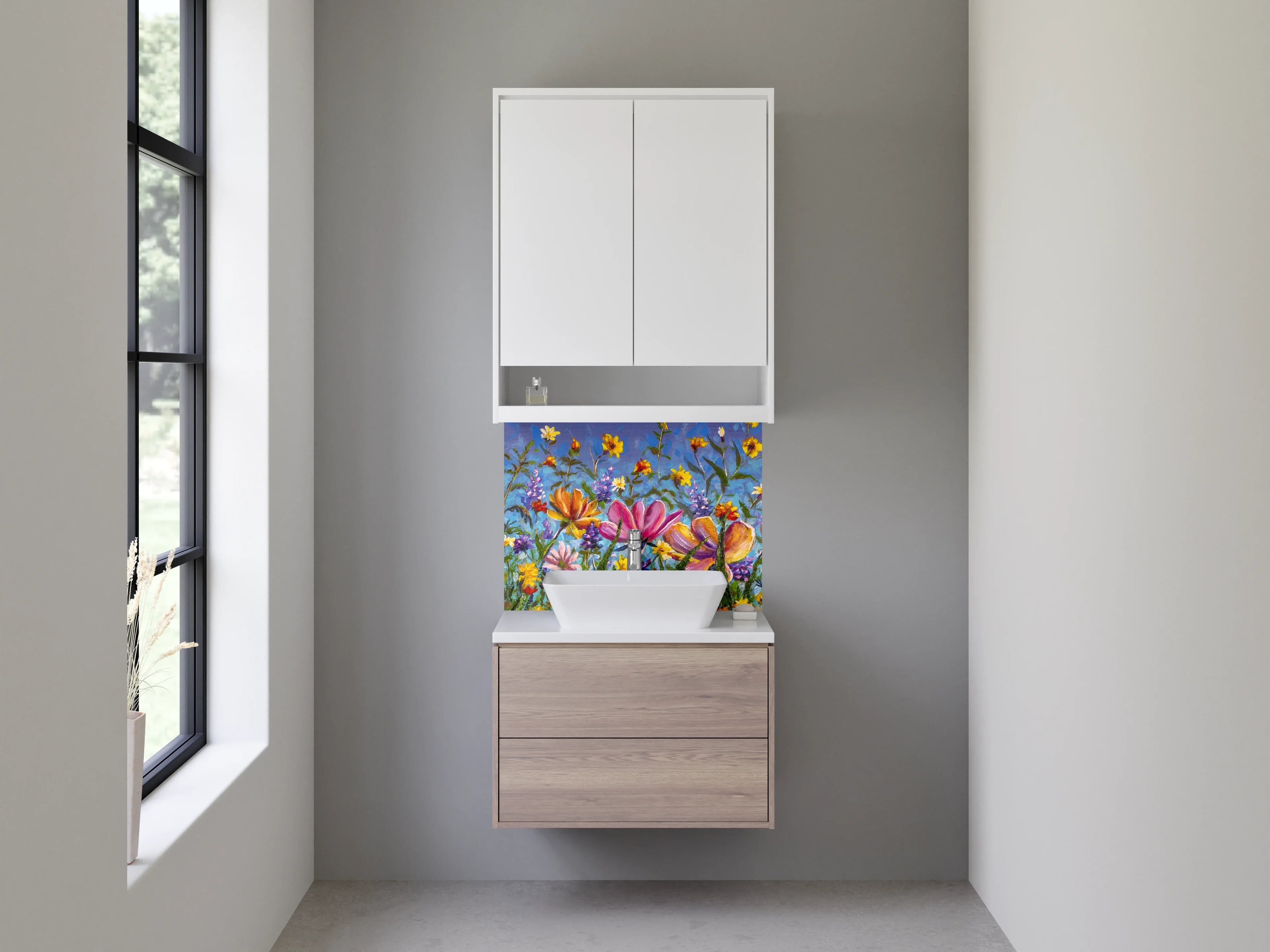 Waschbecken-Rückwand - Bunte Wildblumen Malerei auf Blau