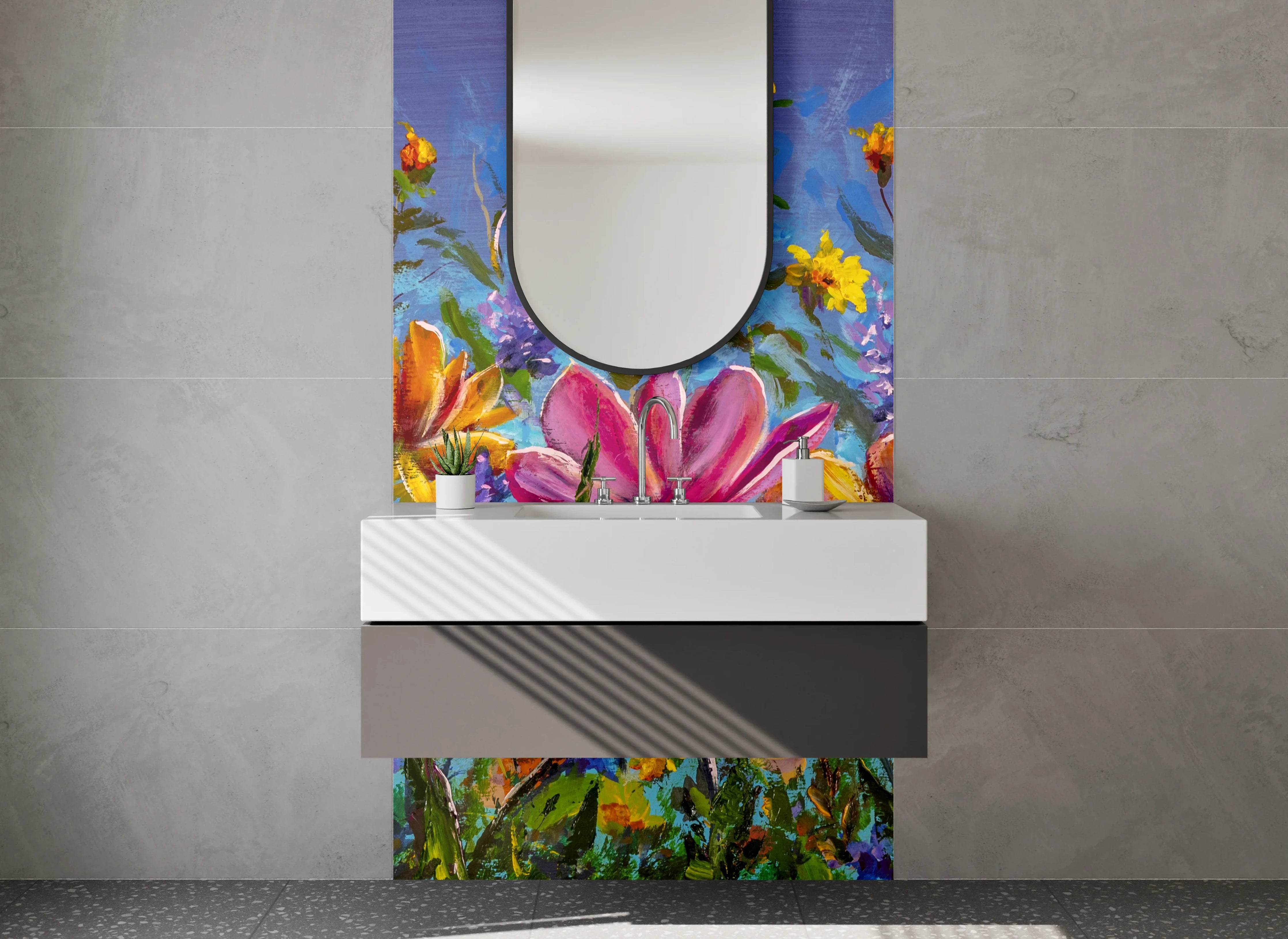 Waschbecken-Rückwand - Bunte Wildblumen Malerei auf Blau
