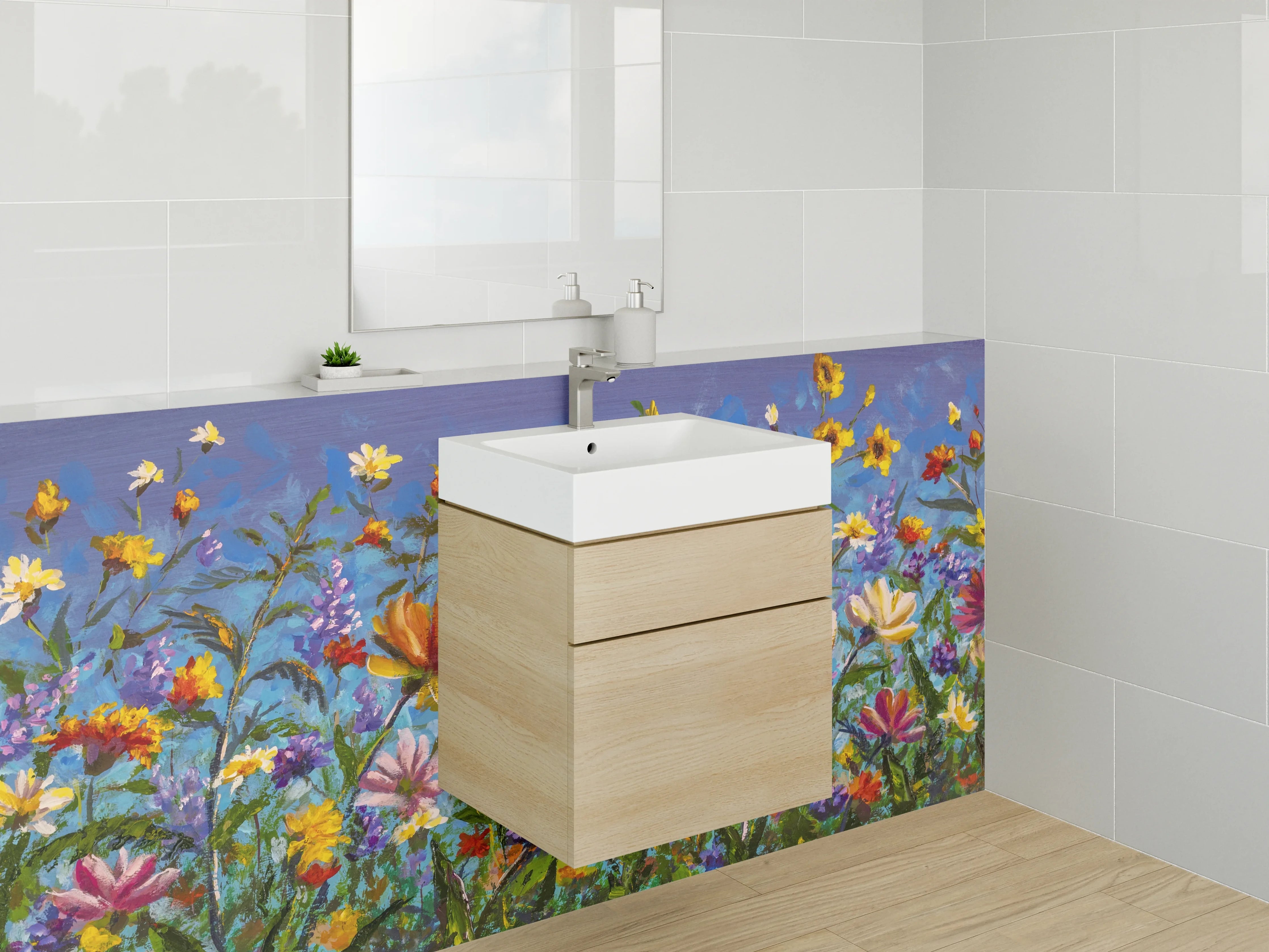 Waschbecken-Rückwand - Bunte Wildblumen Malerei auf Blau