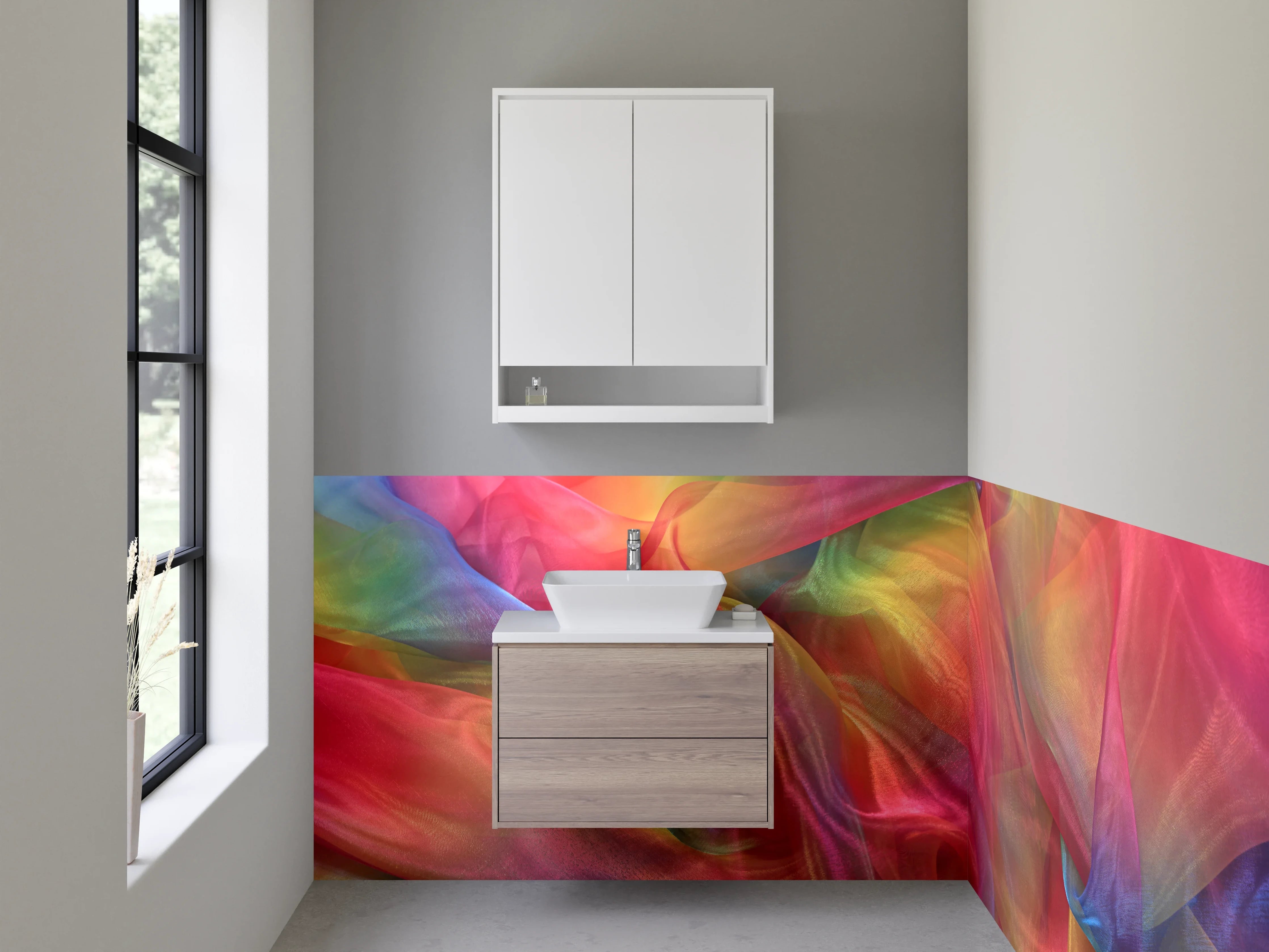 Waschbecken-Rückwand - Bunte abstrakte Farbvielfalt Stoff-Optik