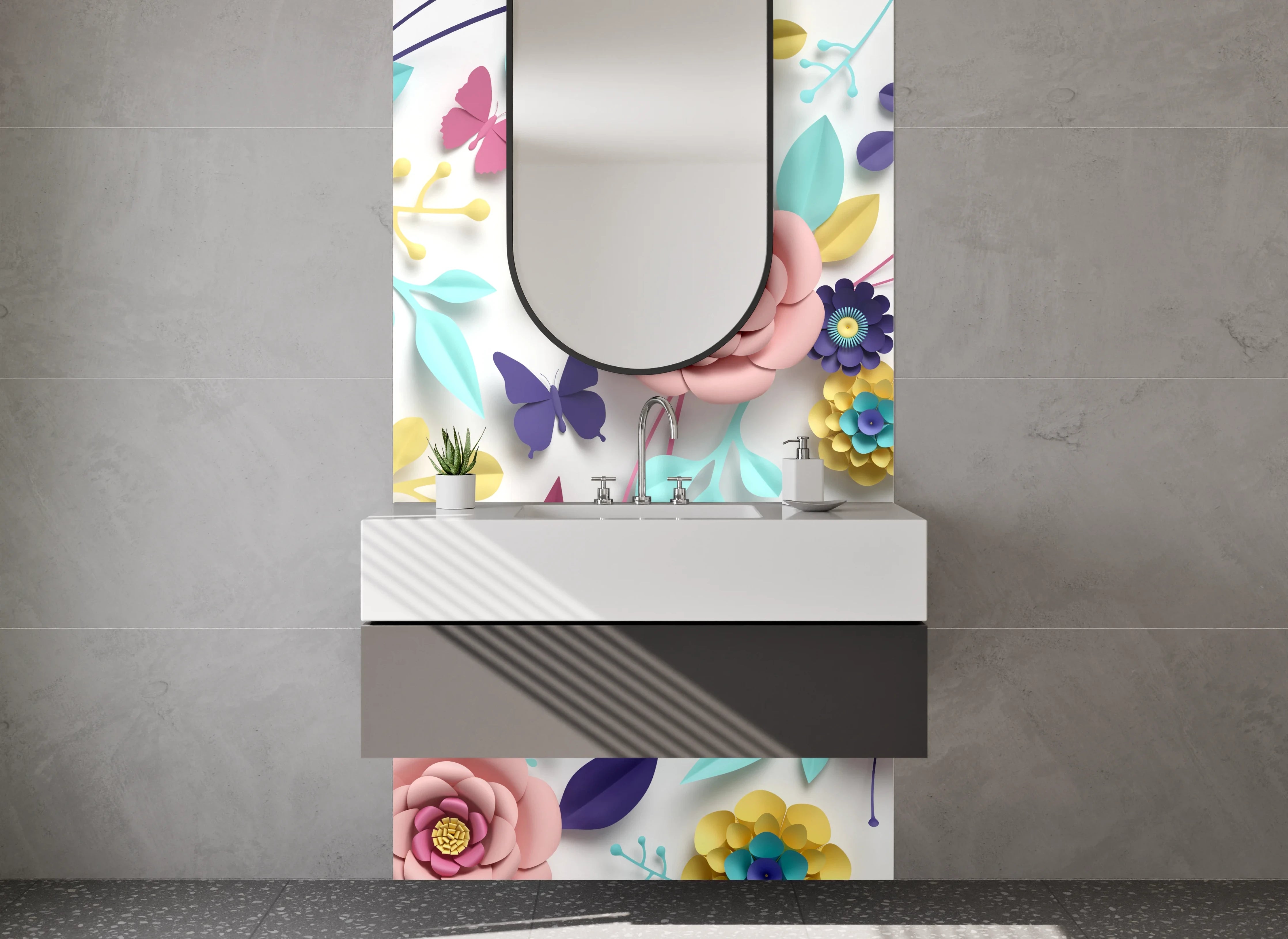 Waschbecken-Rückwand - Bunte florale Papierkunst Blüten