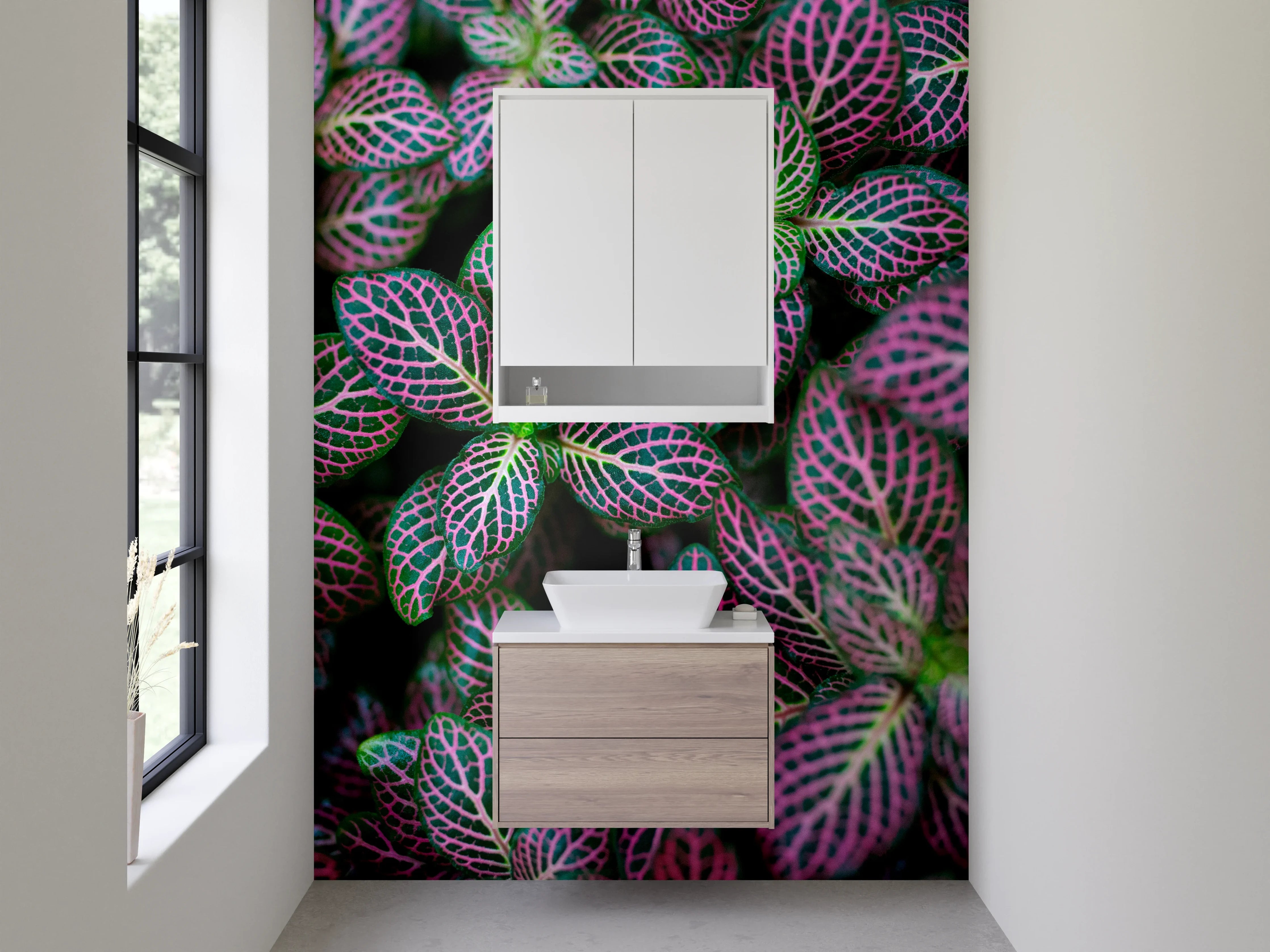 Waschbecken-Rückwand - Buntes Pflanzenmuster – Grün Pink Modern