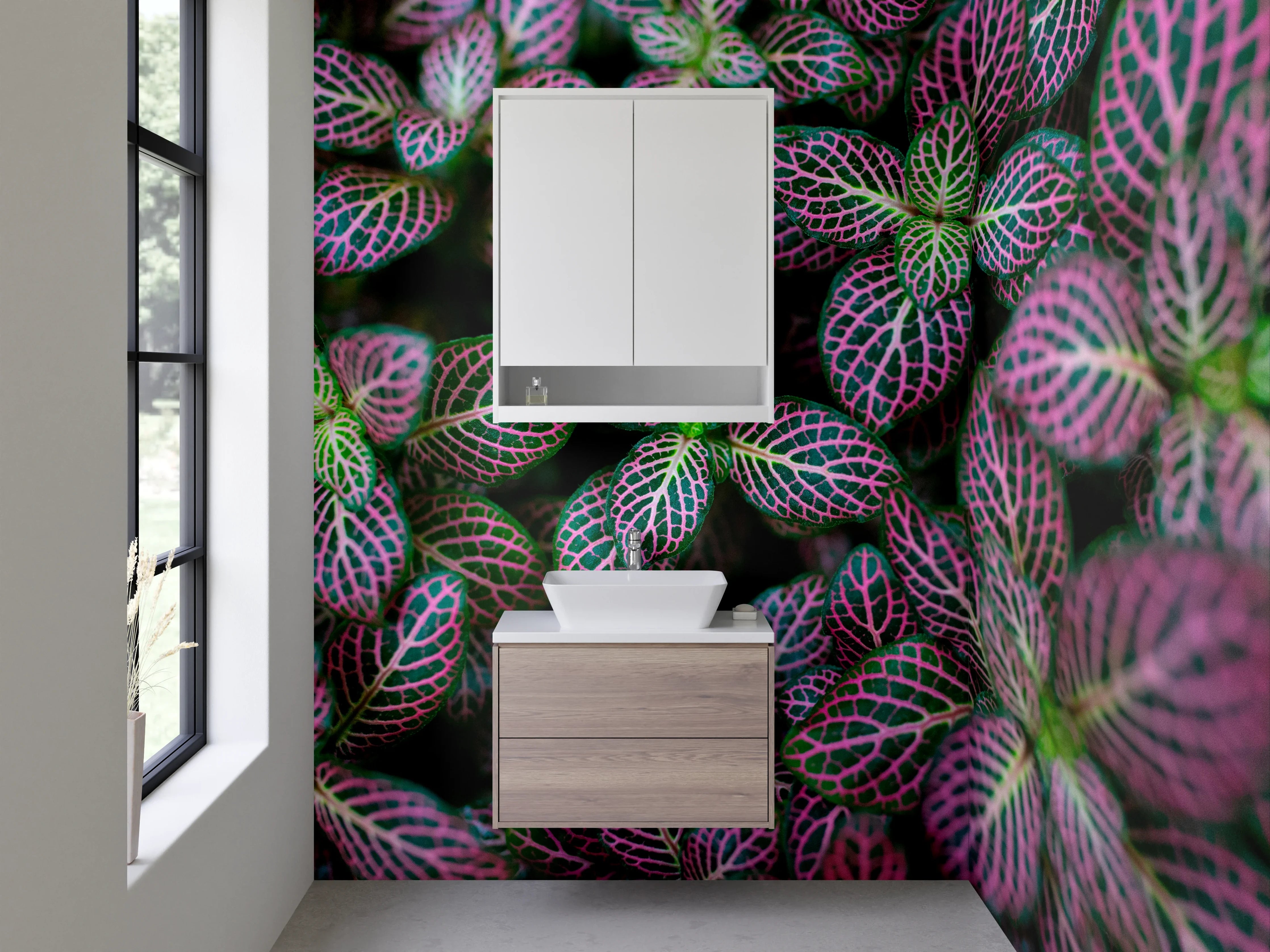 Waschbecken-Rückwand - Buntes Pflanzenmuster – Grün Pink Modern