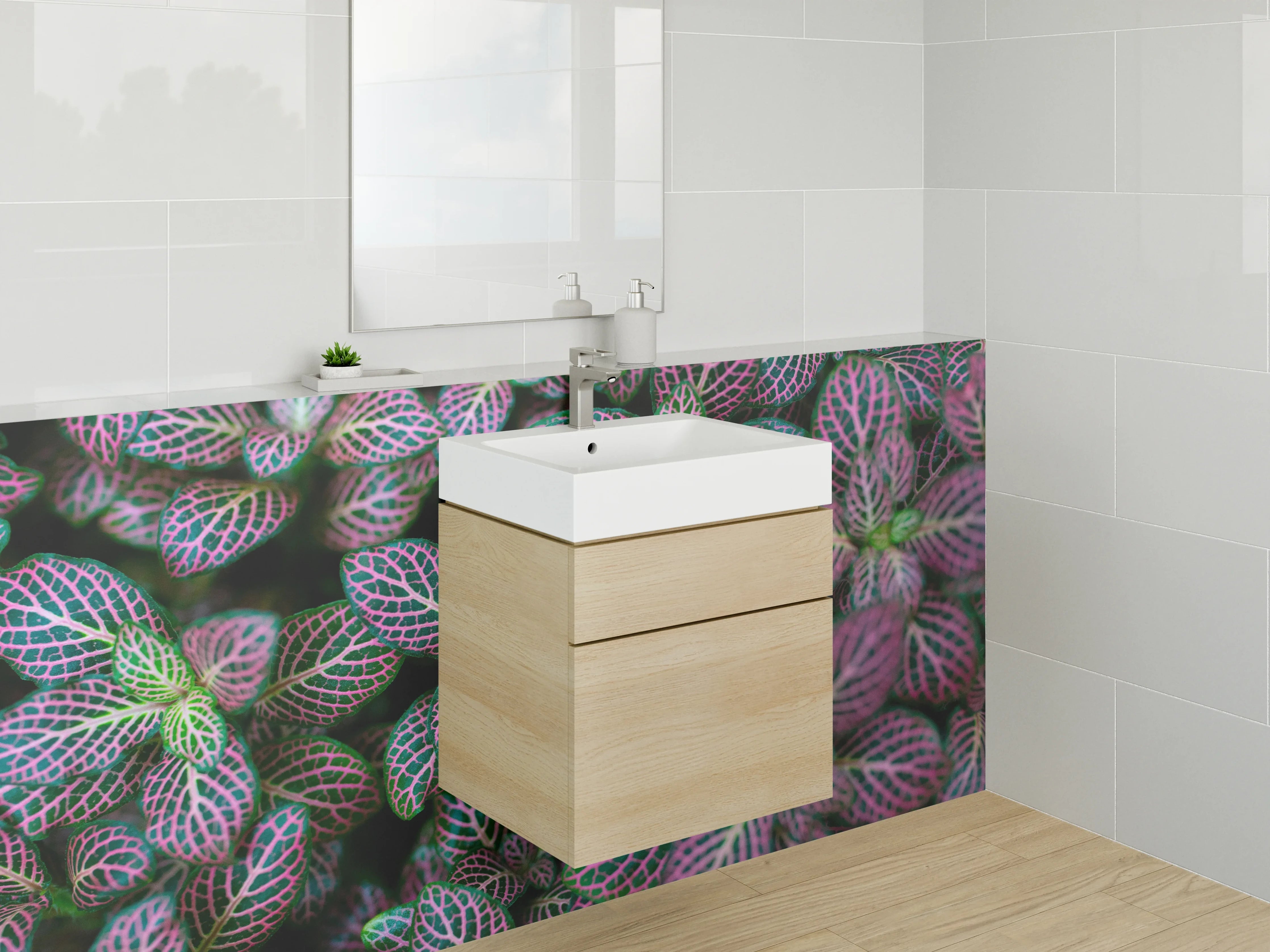 Waschbecken-Rückwand - Buntes Pflanzenmuster – Grün Pink Modern
